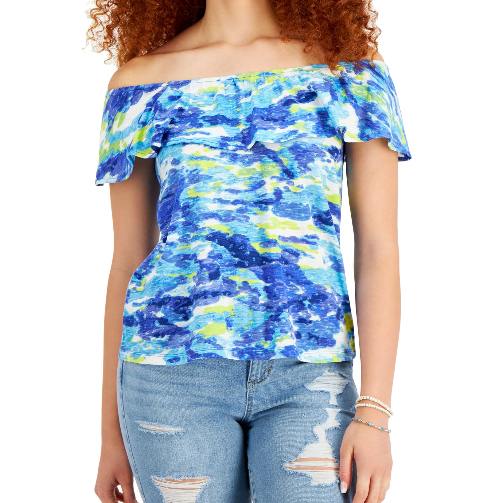 Style & Co Women Petite Cotton Printed Off The Shoulder Top Camo Blue