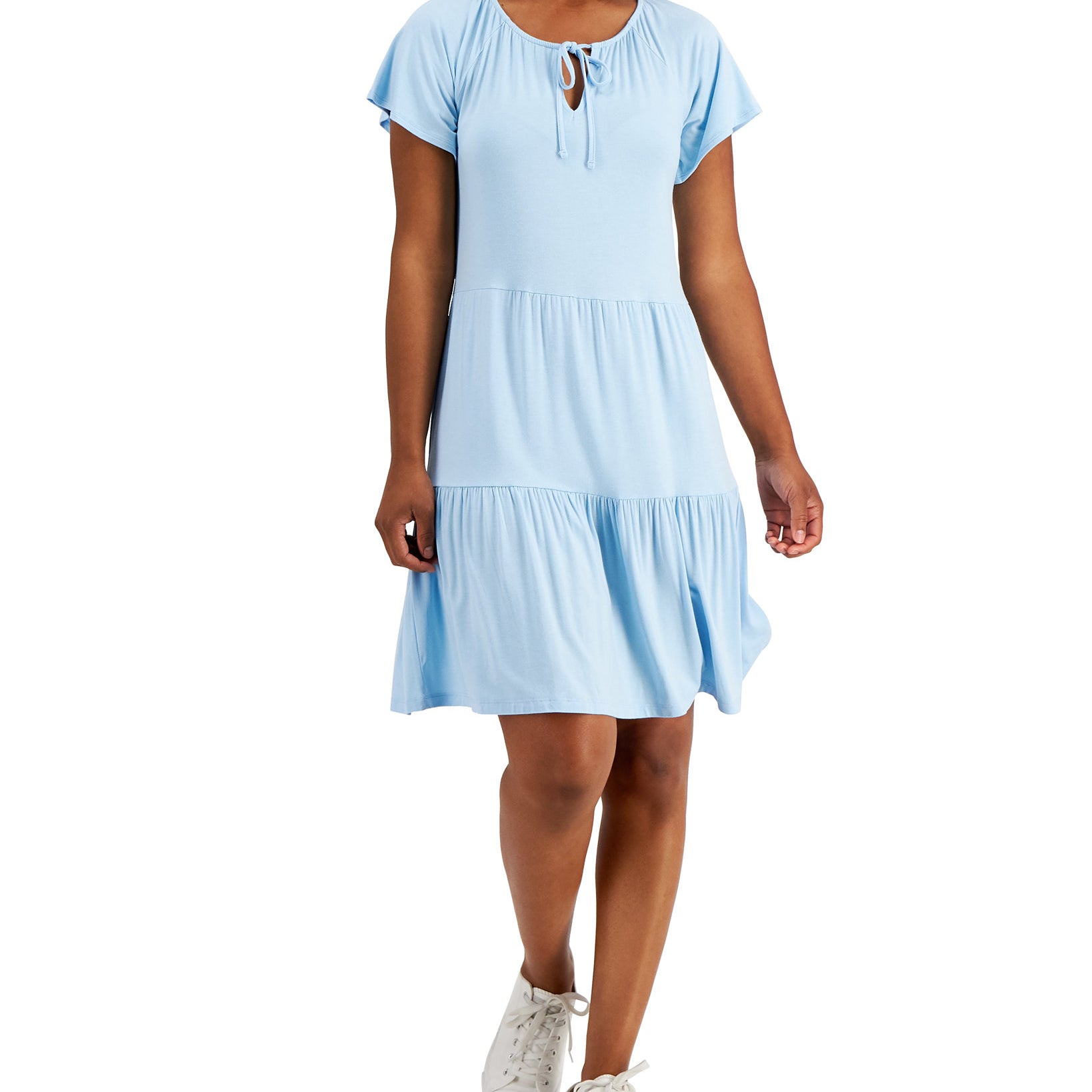 Style & Co Women Tiered Skirt Tie Neck Dress Summer Song