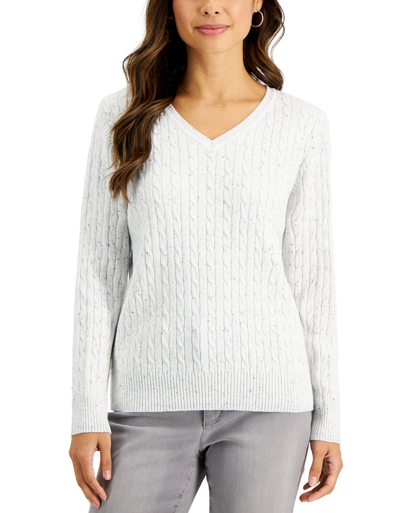 Karen Scott Women Petite Petite Cable Knit Sweater Winter White Neps