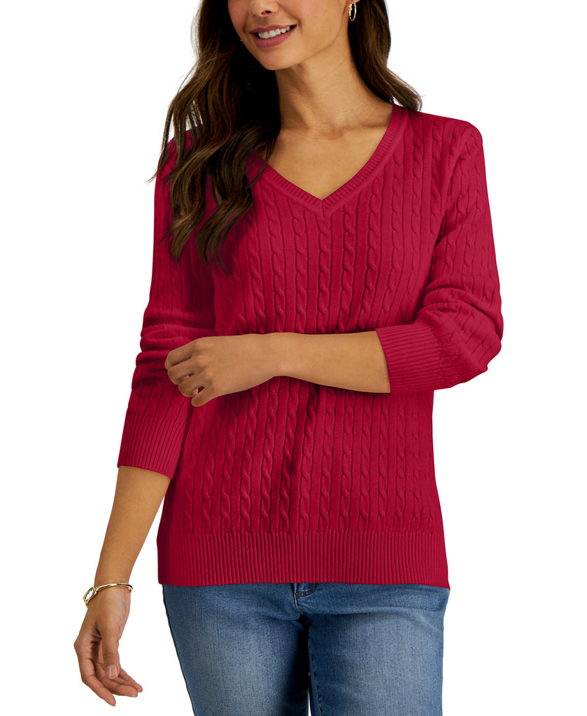 Karen Scott Women Cable Knit V Neck Cotton Sweater New Red Amore