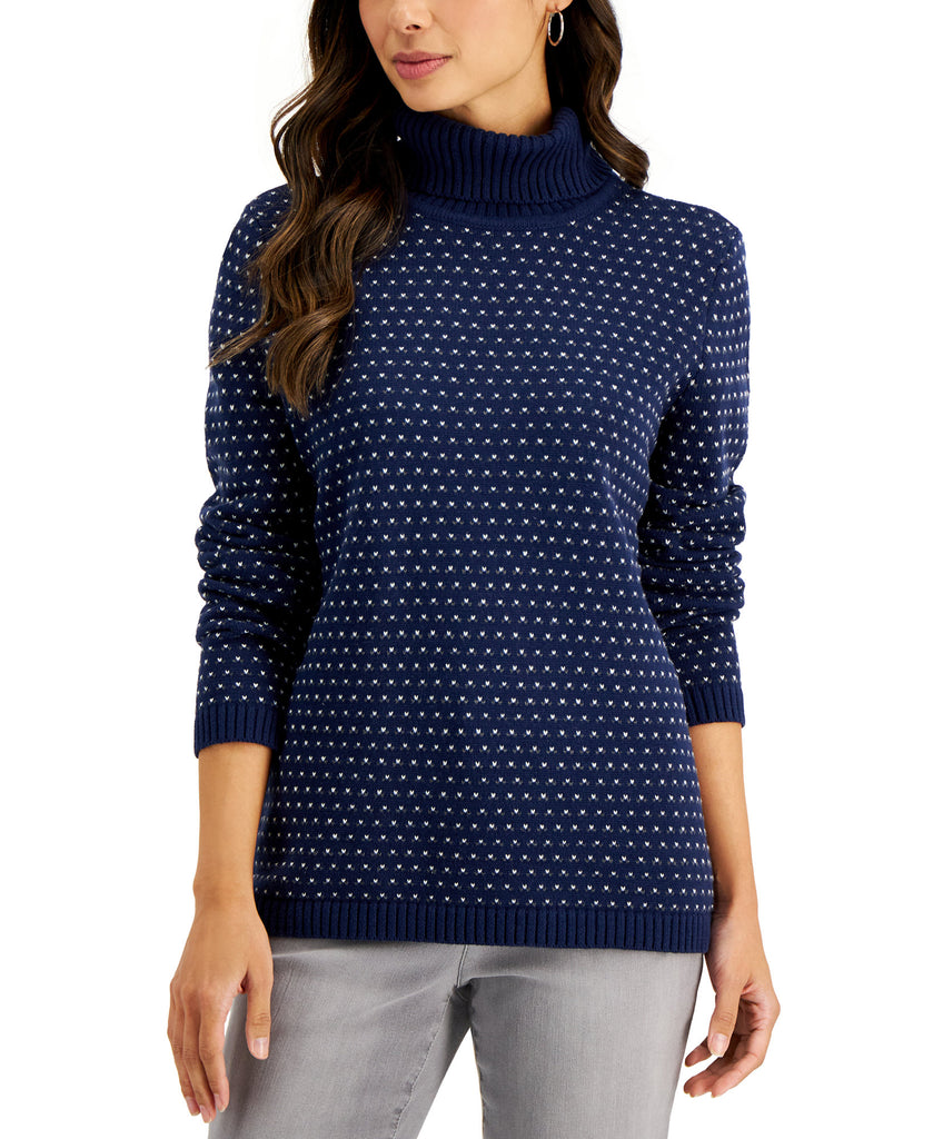 Karen Scott Women Birdseye Turtleneck Cotton Sweater Intrepid Blue Combo