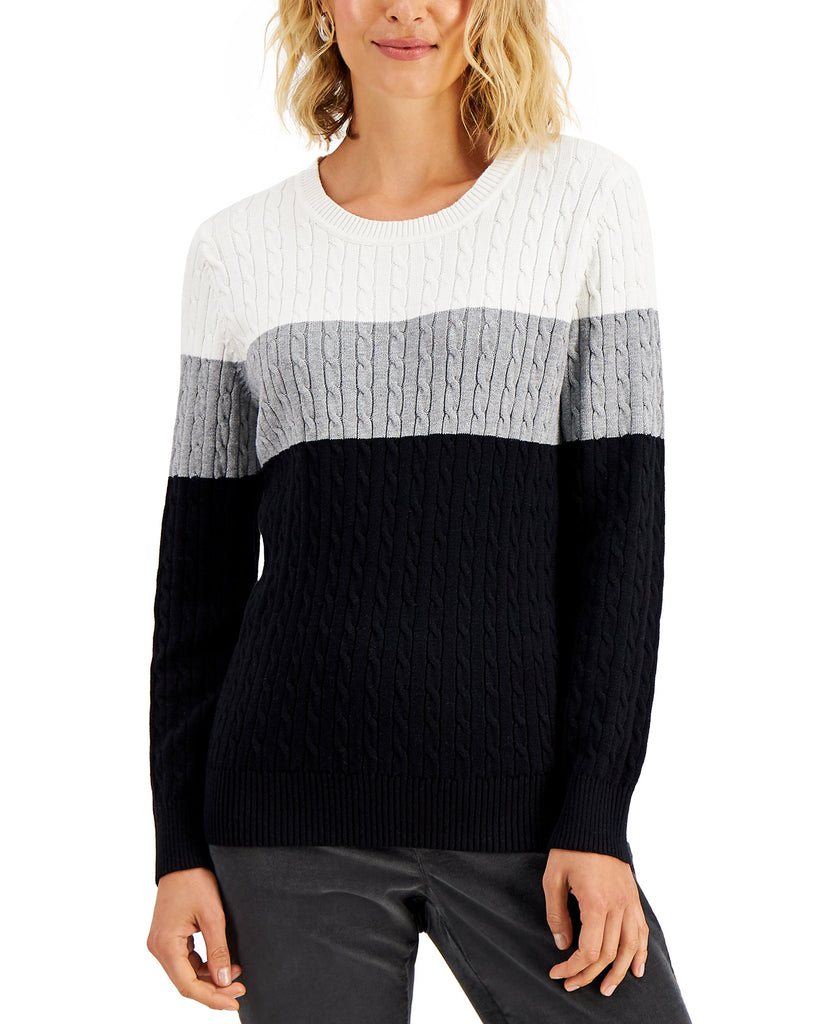 Karen Scott Women Elena Cotton Colorblocked Sweater Deep Black Combo