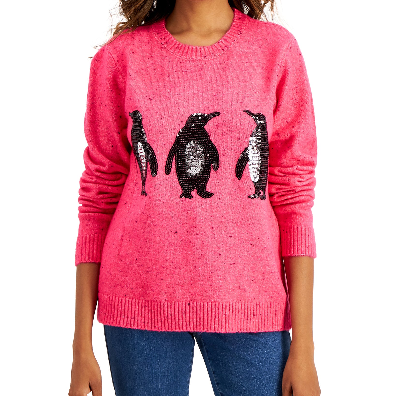 Karen Scott Women Embellished Penguin Sweater Magenta