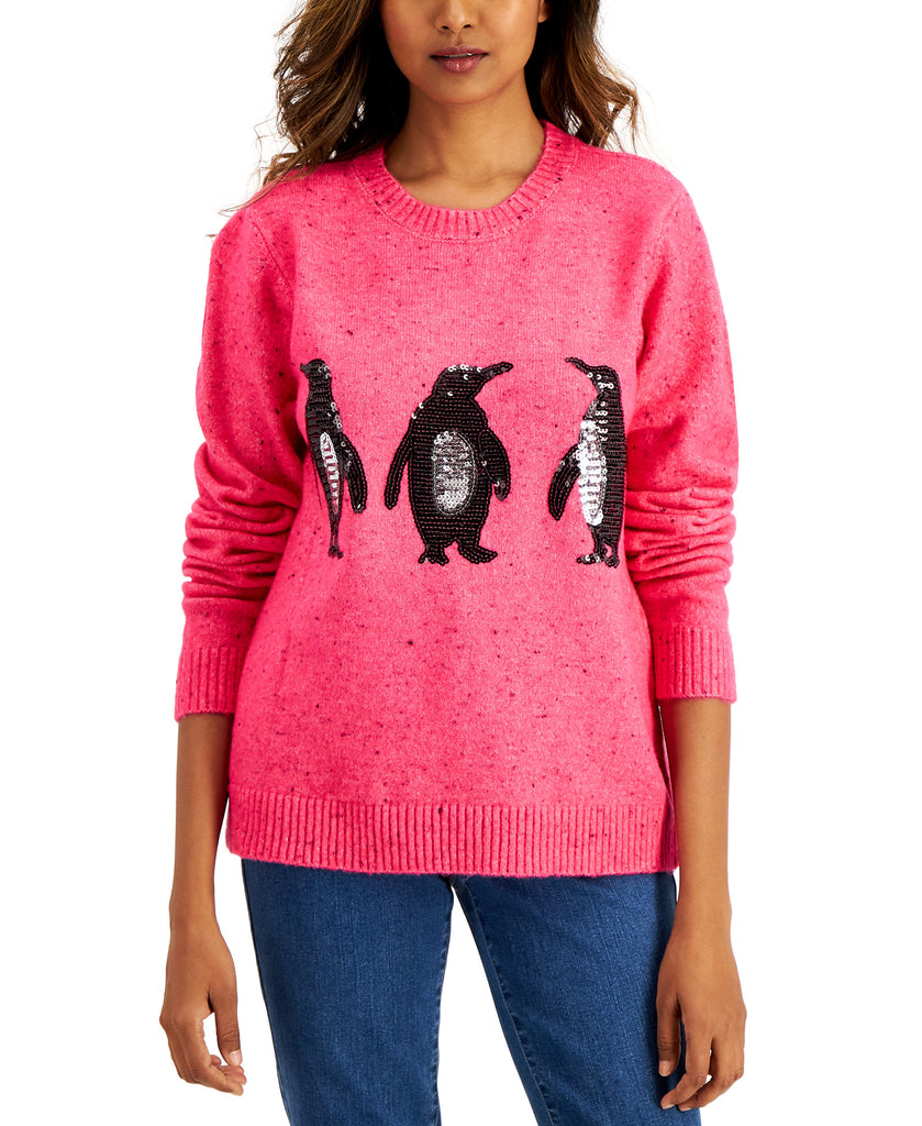 Karen Scott Women Embellished Penguin Sweater Magenta