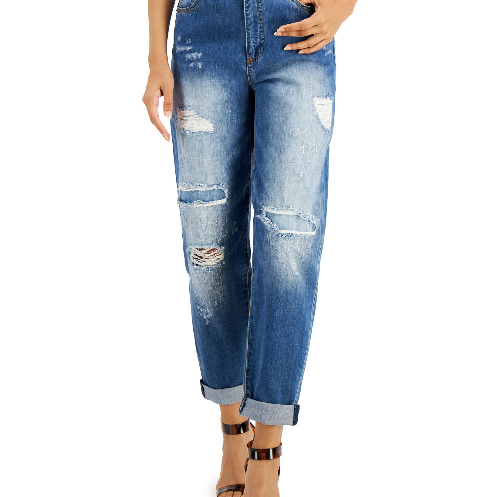 INC International Concepts Women Cotton High Rise Ripped Slouchy Ankle Jeans Medium Indigo