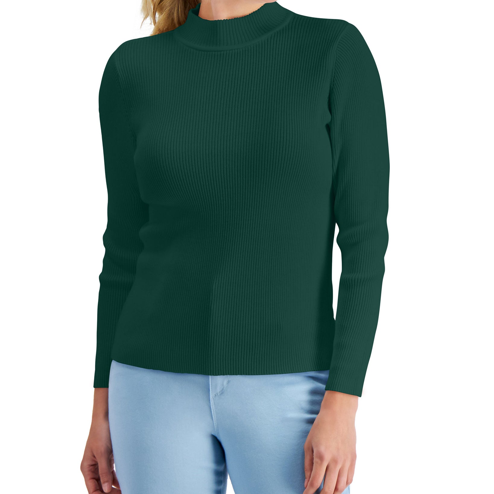 Karen Scott Women Cotton Solid Rib Mock Neck Sweater Spruce Night