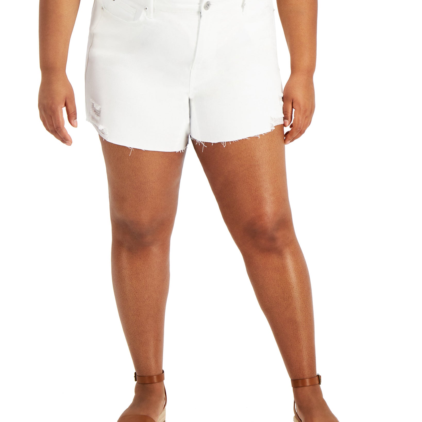 INC International Concepts Women Plus Dream Cotton Ripped Denim Shorts Bright White