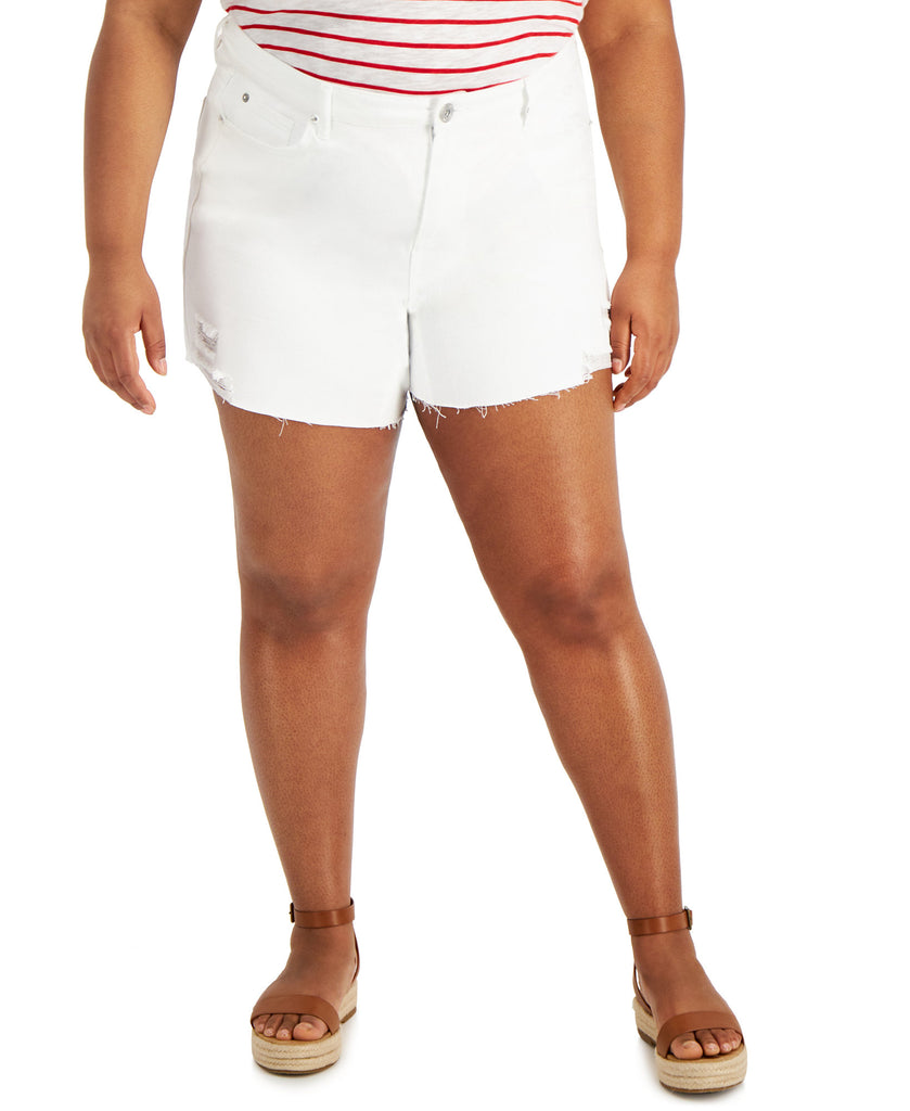 INC International Concepts Women Plus Dream Cotton Ripped Denim Shorts Bright White
