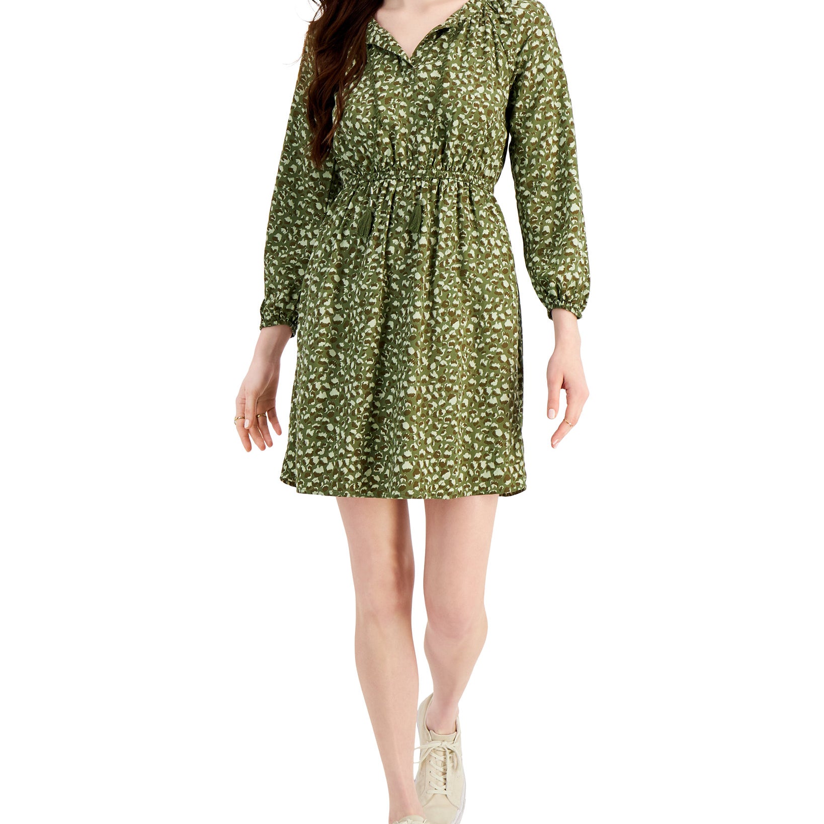Style & Co Women Petite Animal Print Shirt Dress Dry Grass Combo