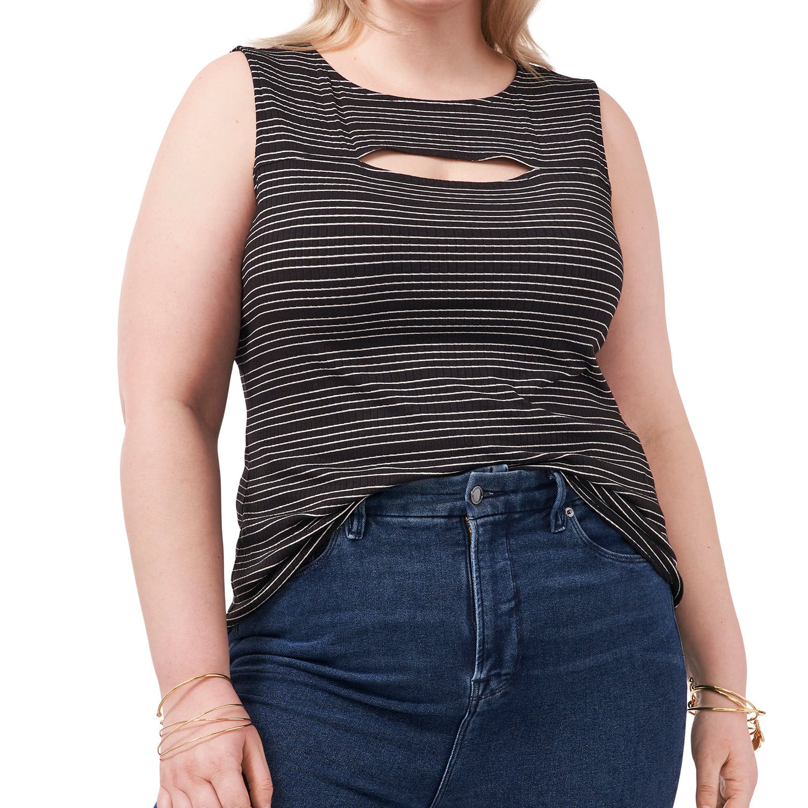 1.STATE Women Plus Stripe Print Cutout Tank Top Rich Black