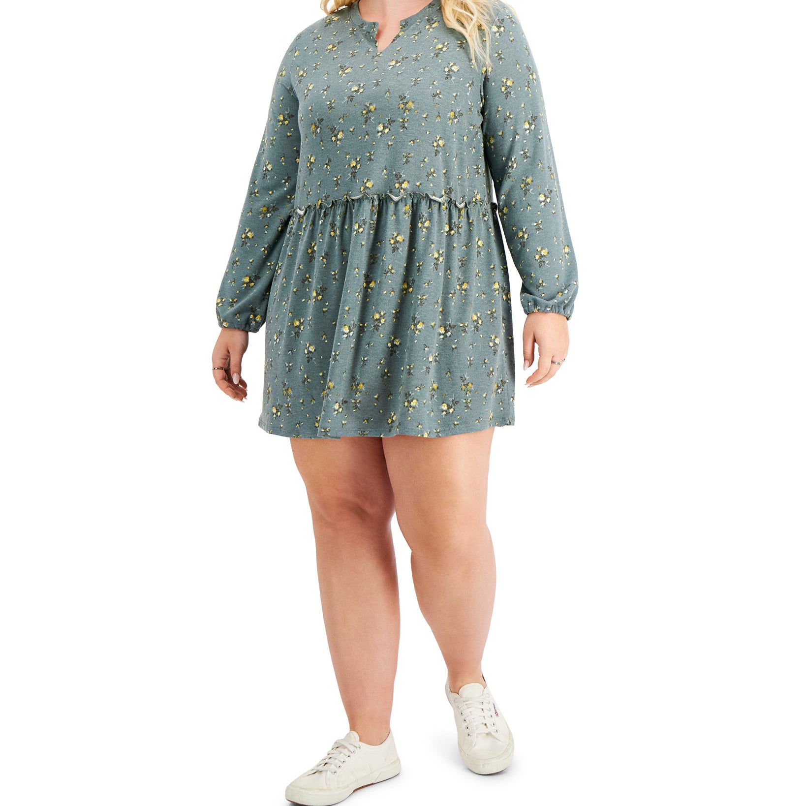 Love, Fire Women Plus Trendy Hacci Babydoll Dress Sage Floral