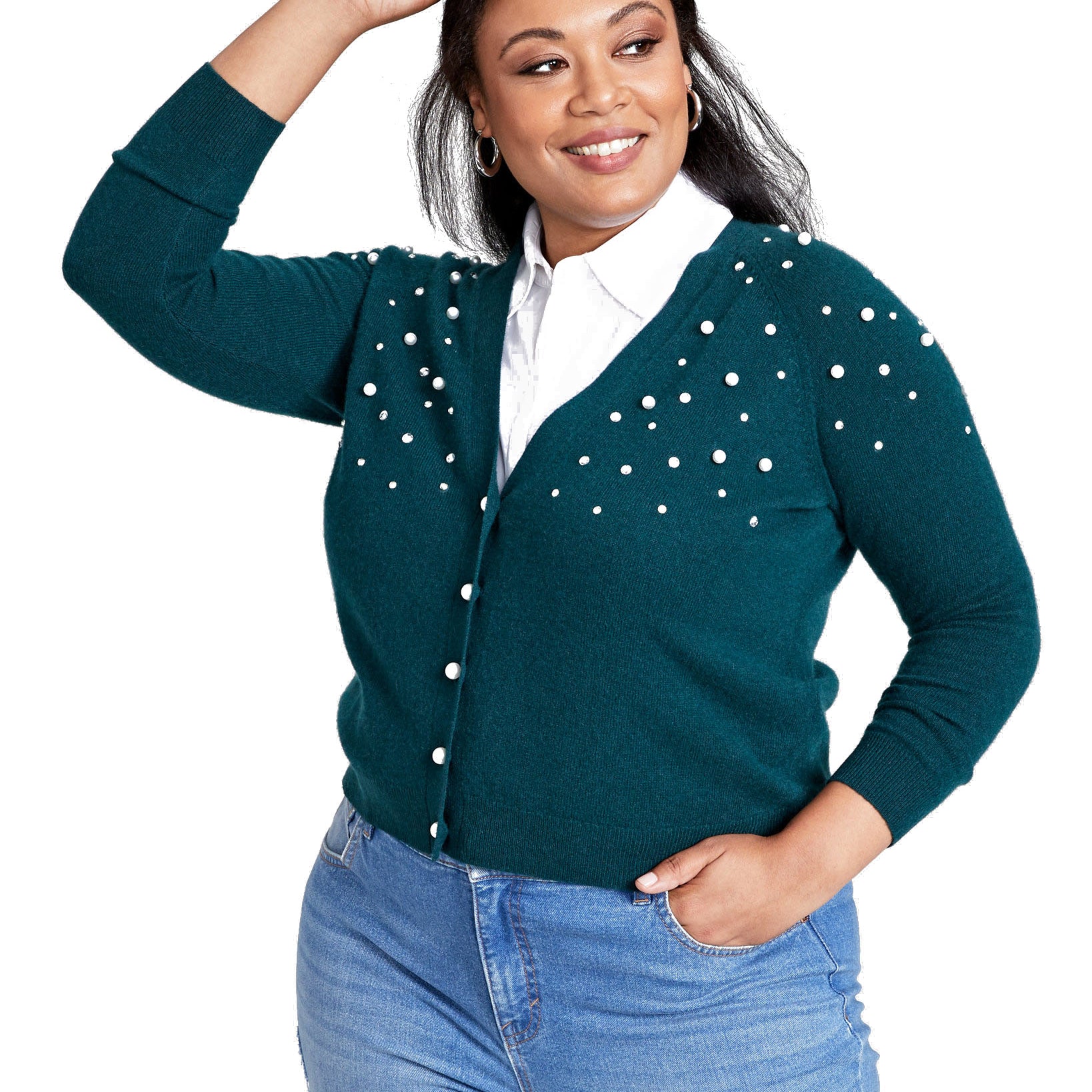 Charter Club Women Plus Beaded Cashmere Cardigan Deep Alpine