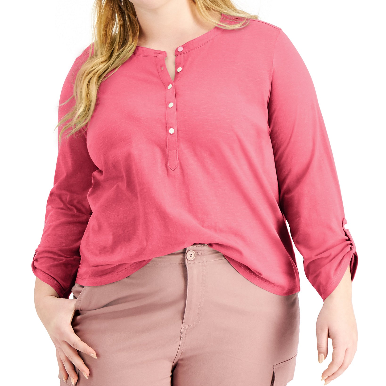 Style & Co Women Plus Cotton Roll Tab Henley Top Frosted Rose