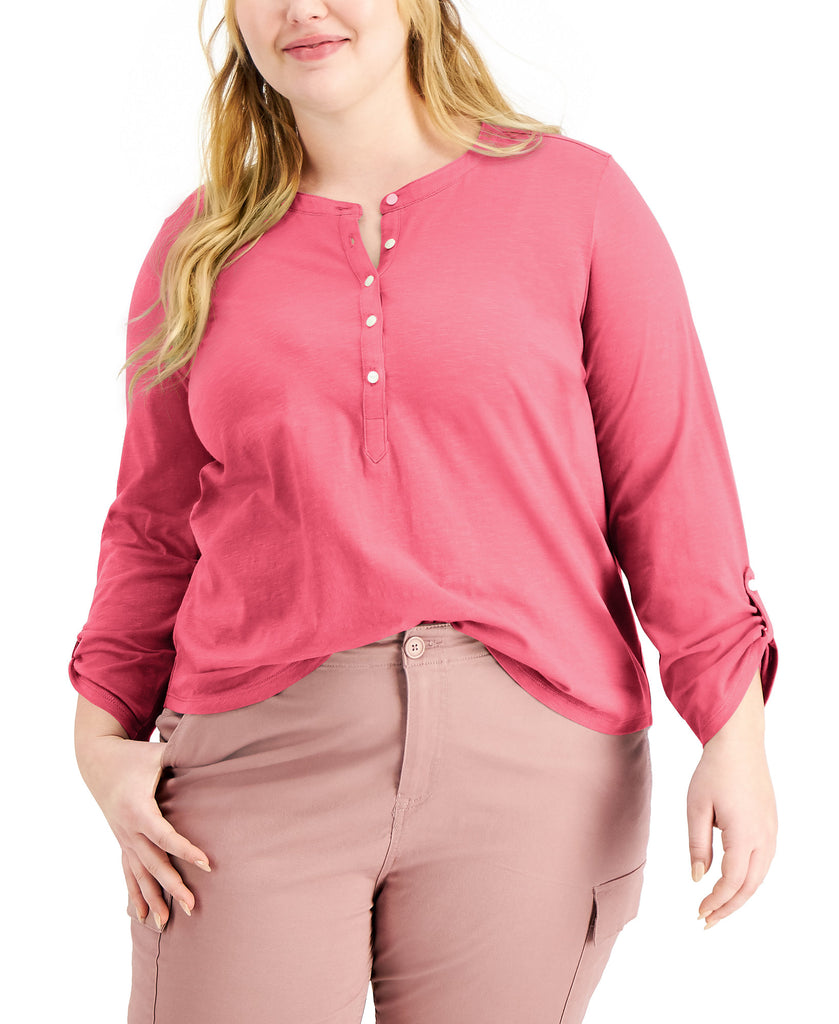 Style & Co Women Plus Cotton Roll Tab Henley Top Frosted Rose
