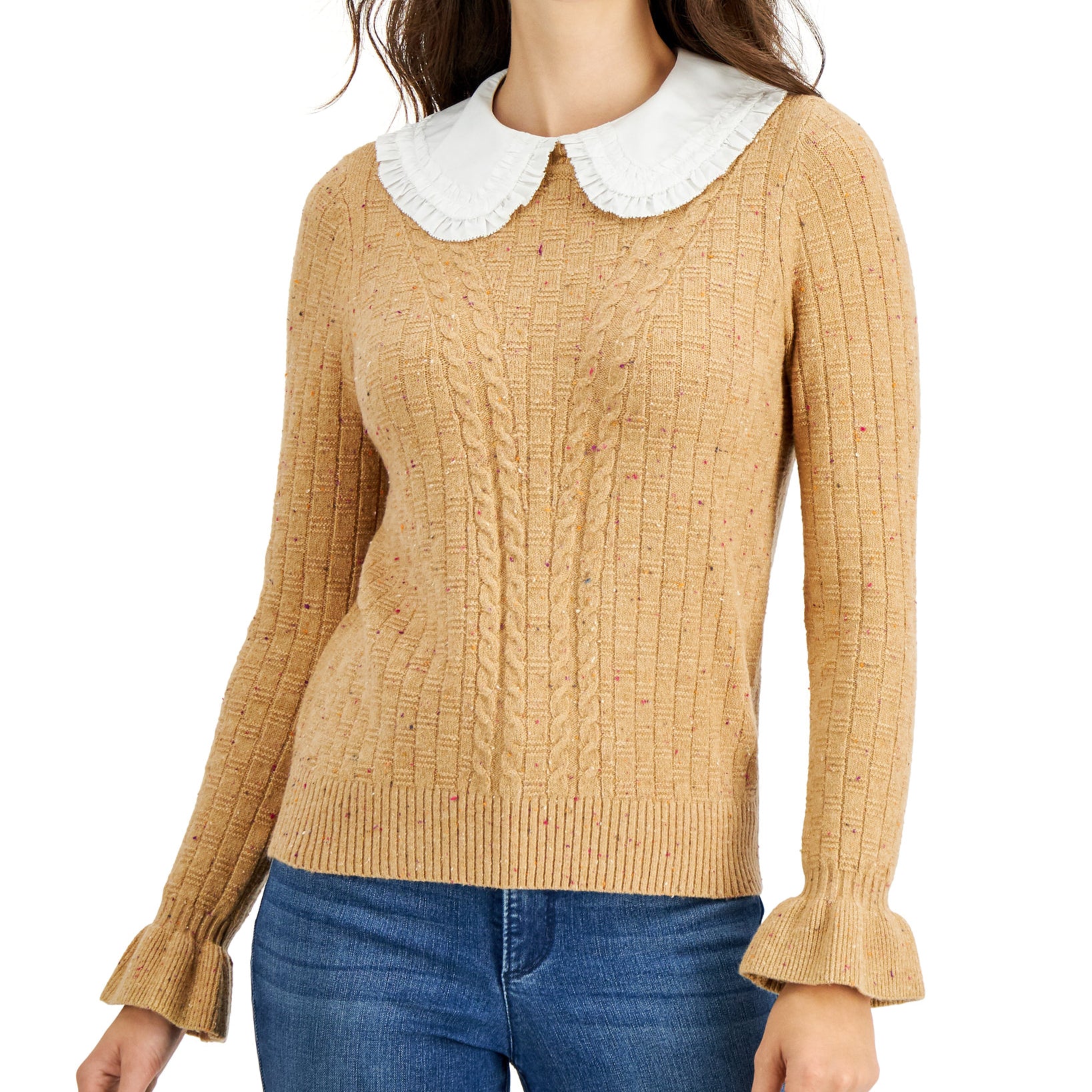 Charter Club Women Removable Collar Knit Sweater Wm Cml Hth Cb