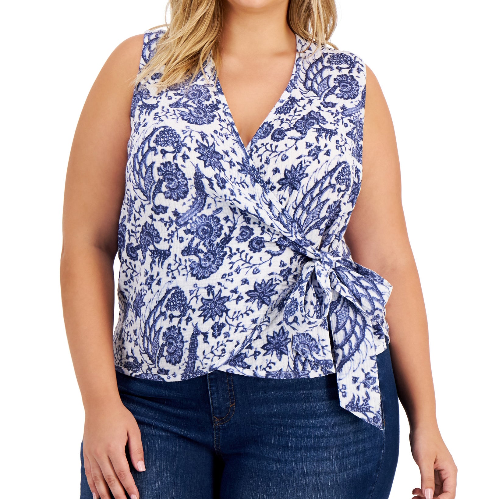 INC International Concepts Women Plus Printed Wrap Tank Batik Scene