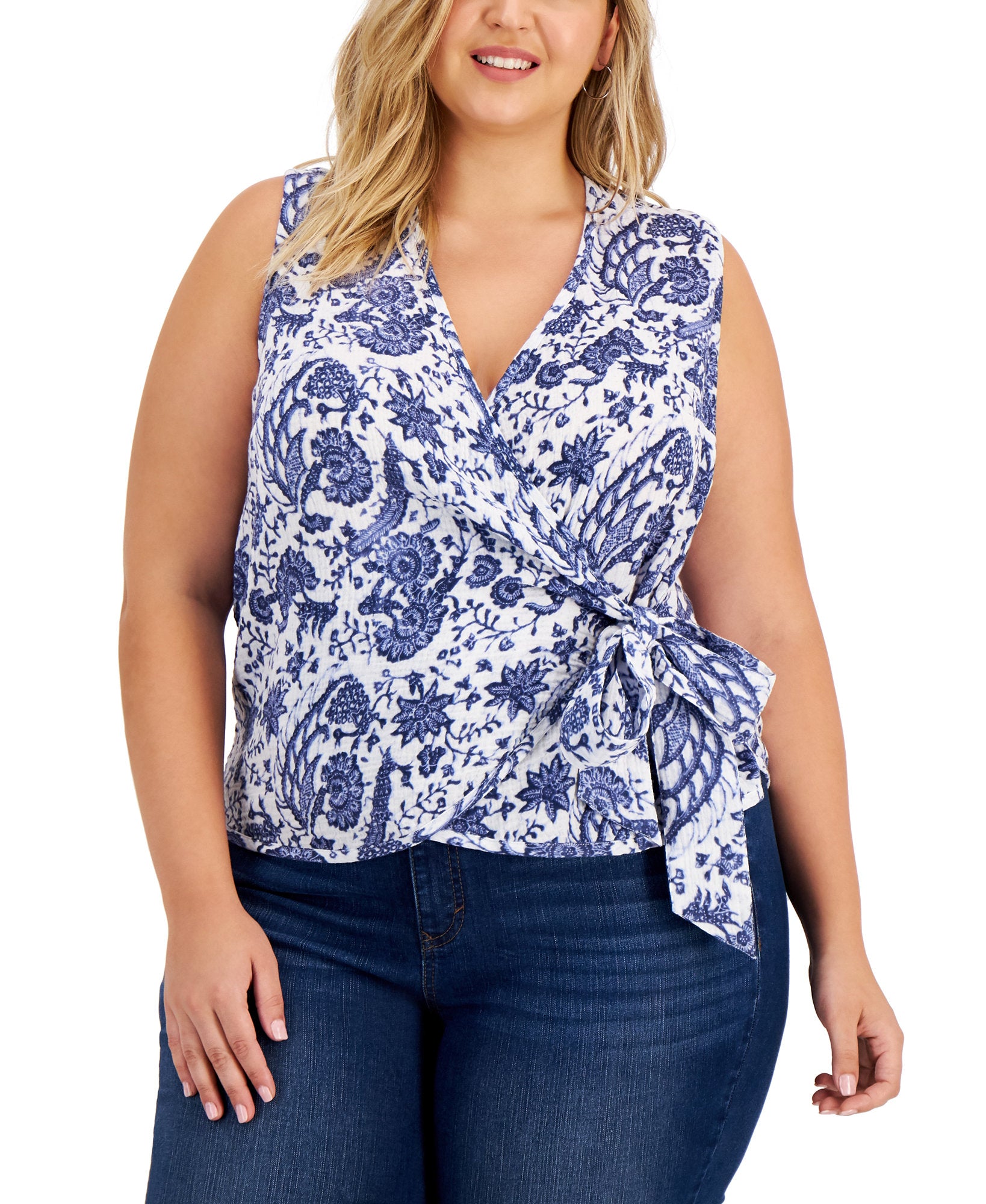 INC International Concepts Women Plus Printed Wrap Tank Batik Scene