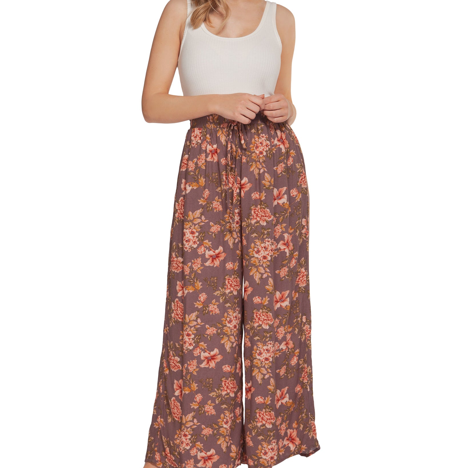 Black Tape Women Floral Print Wide Leg Pants Blush Vintage Floral