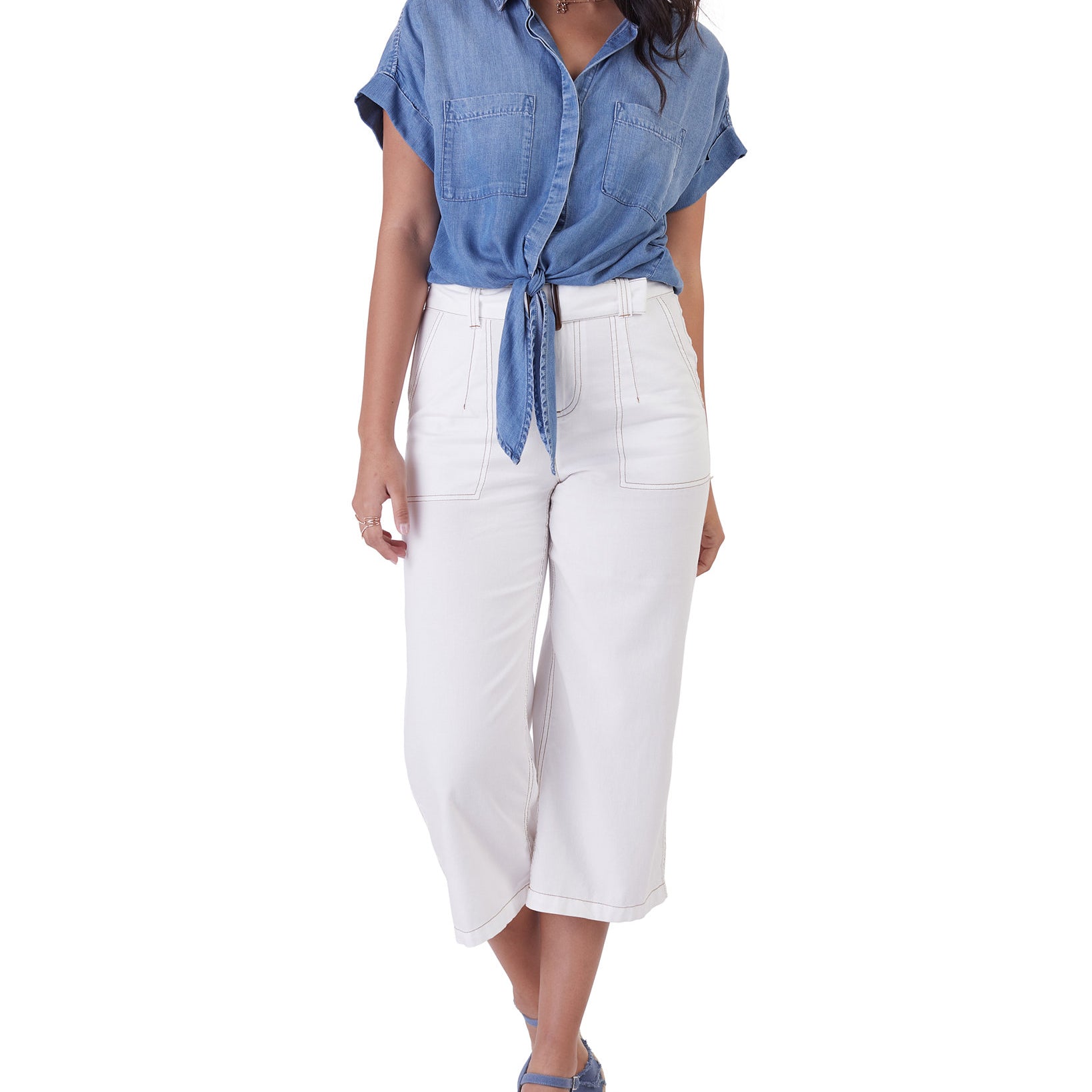 Black Tape Women Tie Front Button Front Shirt Medium Blue Wash