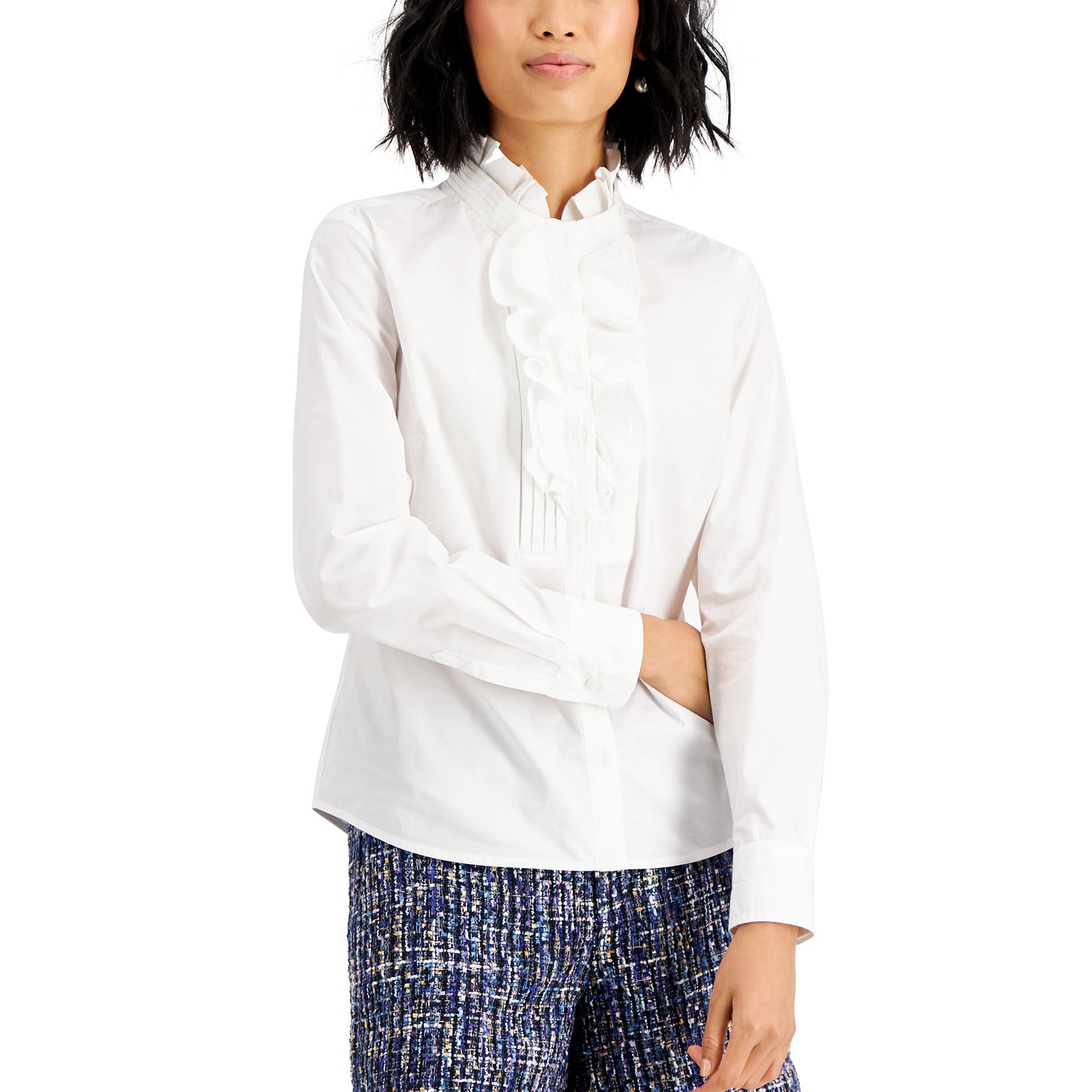 Charter Club Women Cotton Ruffled Shirt Bright White