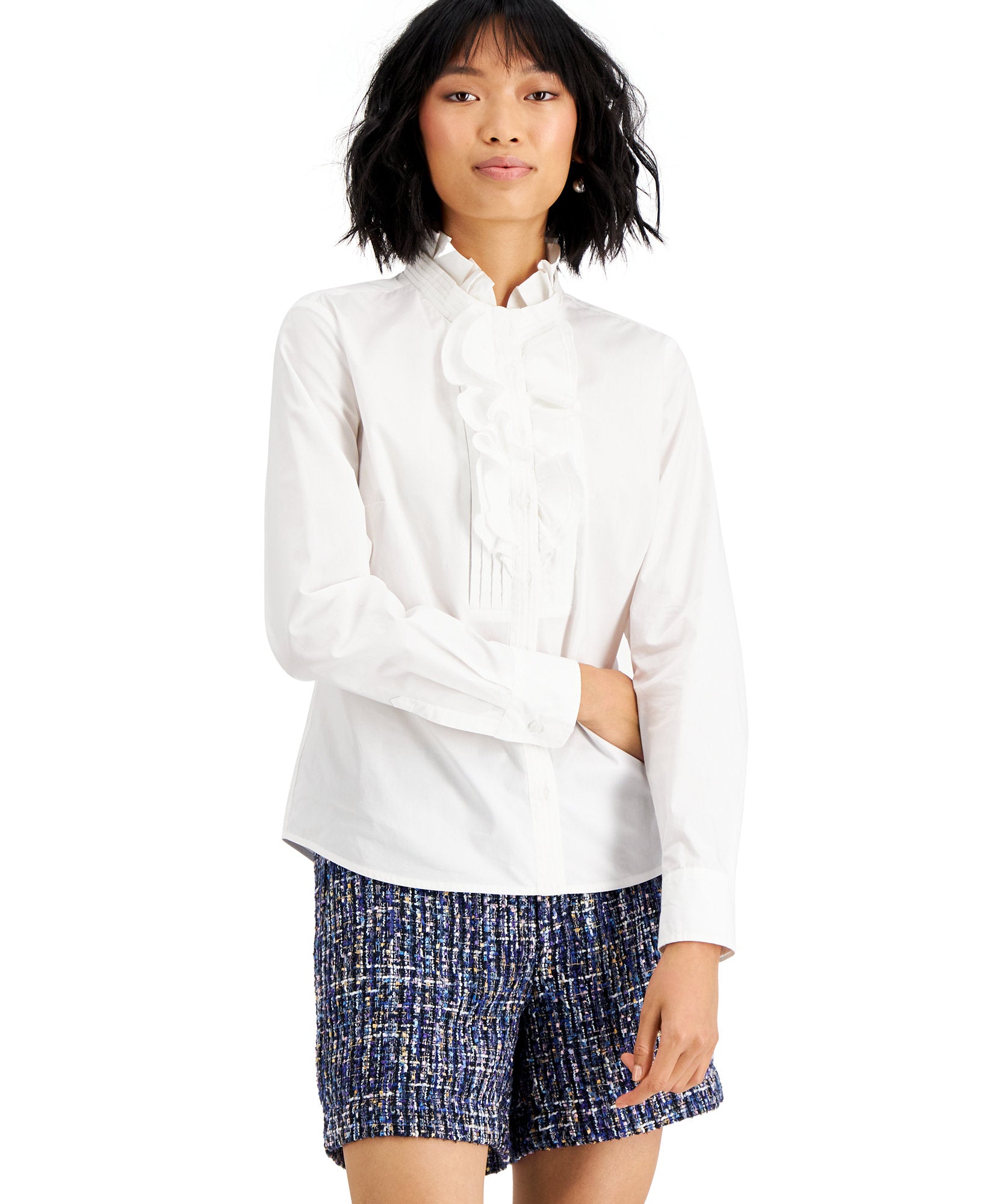 Charter Club Women Cotton Ruffled Shirt Bright White