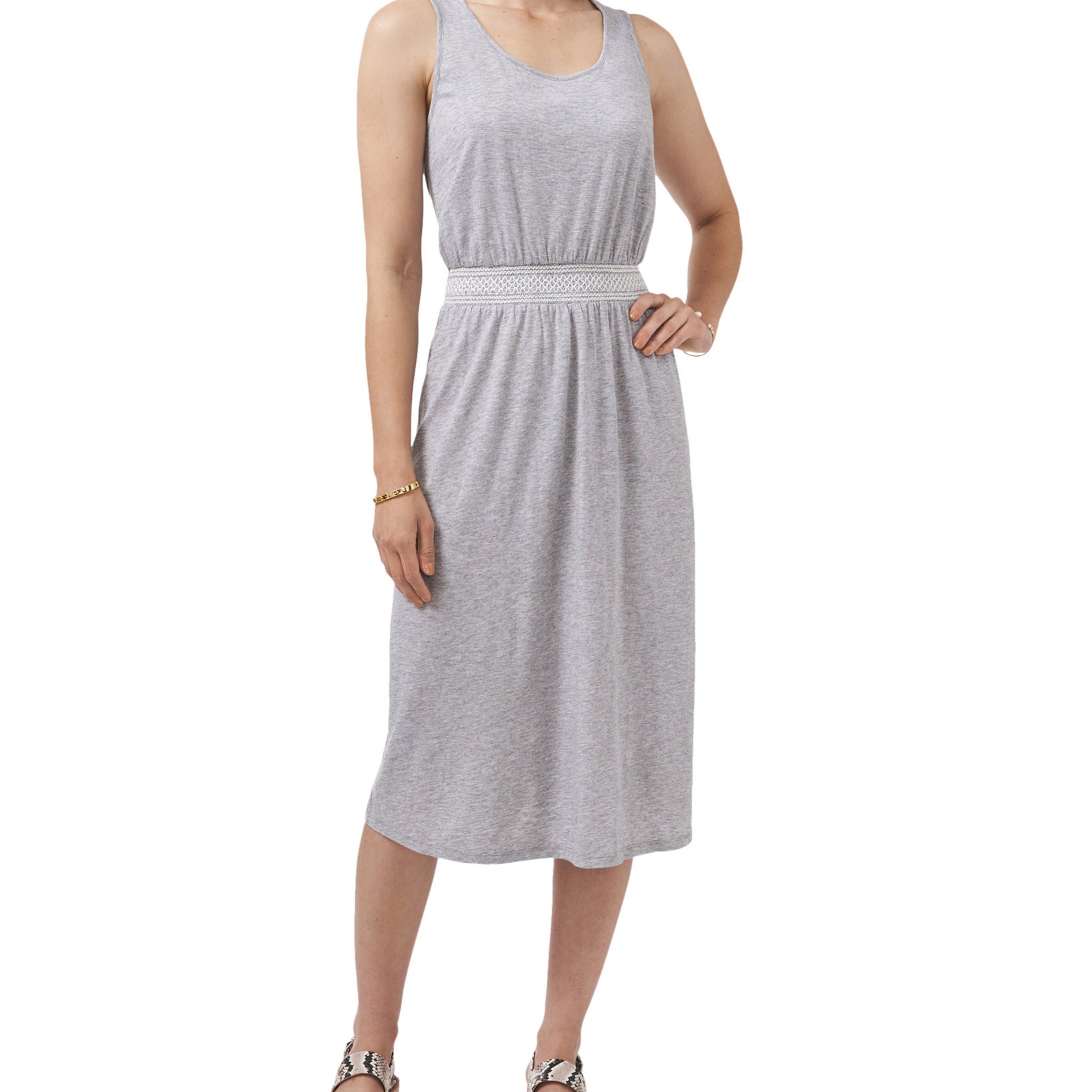 Vince Camuto Women Petite Embroidered Smocked Waist Dress Silver Heather