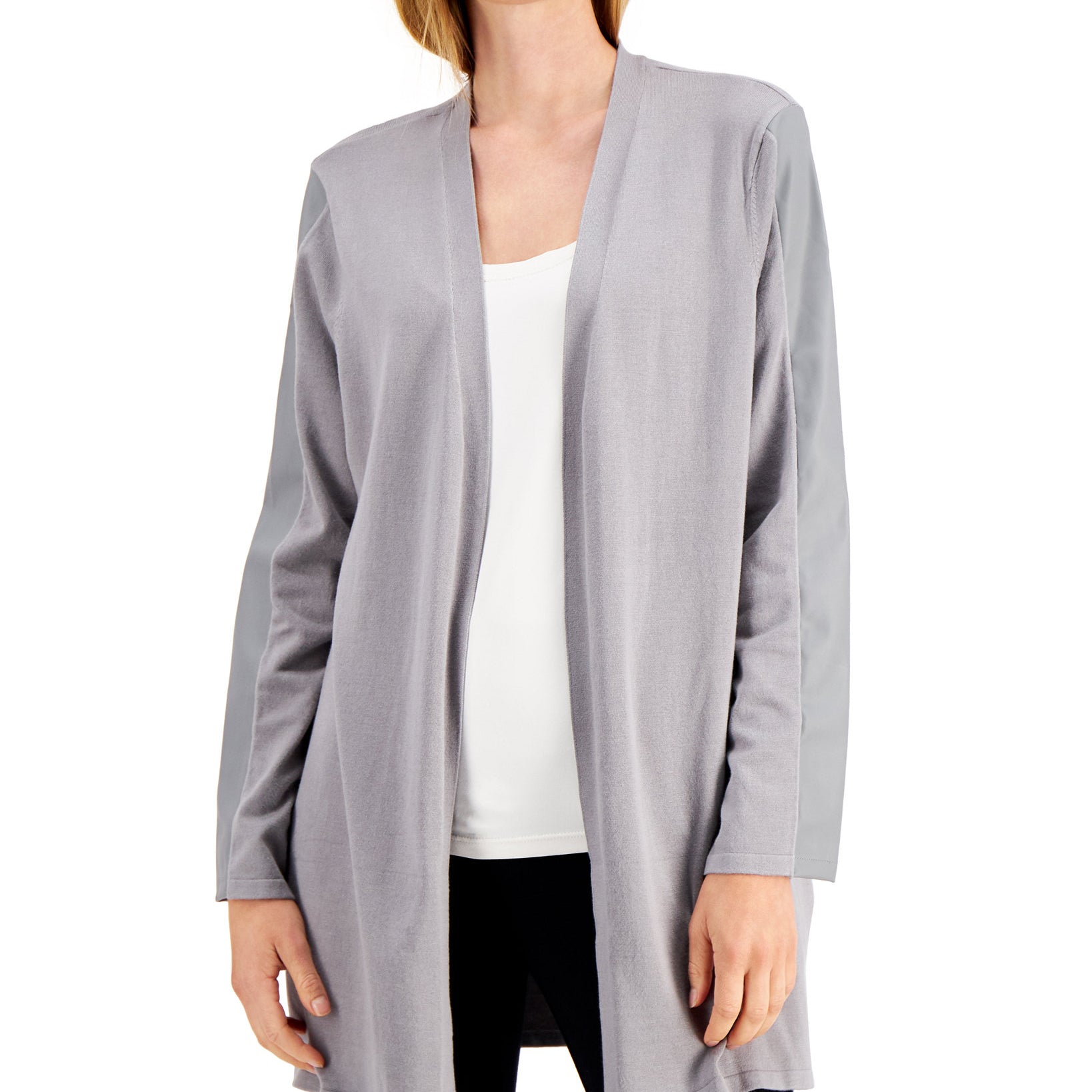 Alfani Women Petite Faux Leather Trimmed Cardigan Sweater Greystone