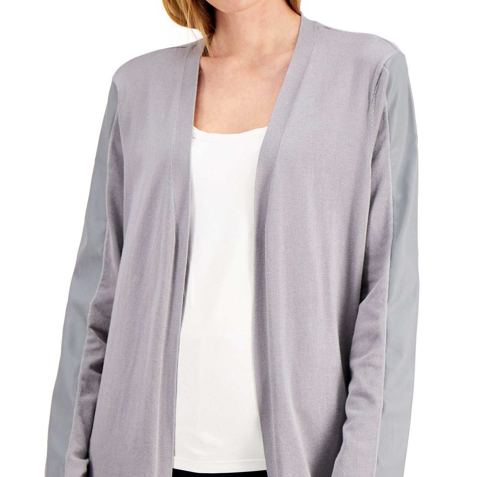 Alfani Women Petite Faux Leather Trimmed Cardigan Sweater