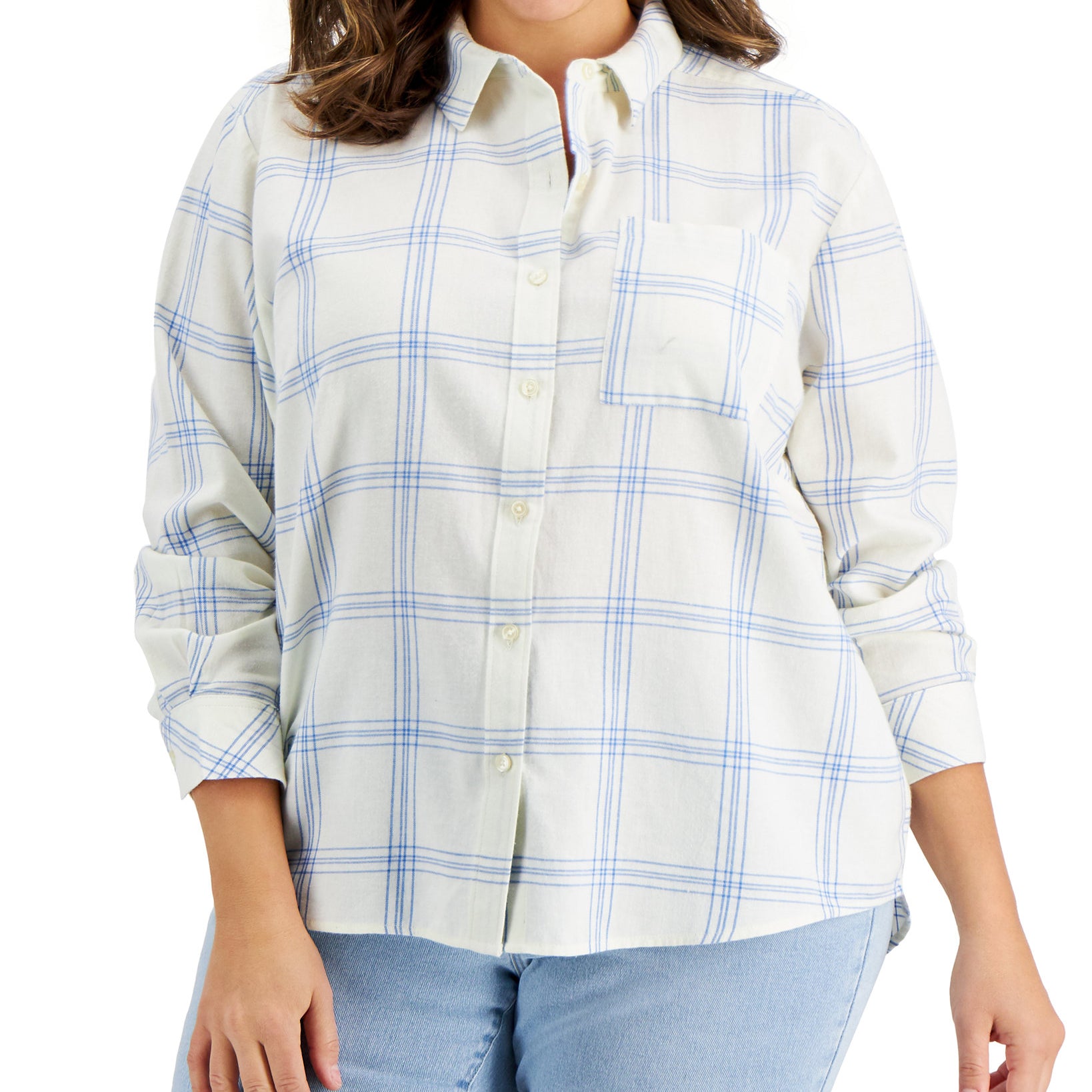 Style & Co Women Plus Plaid Cotton Shirt Natural Ivory