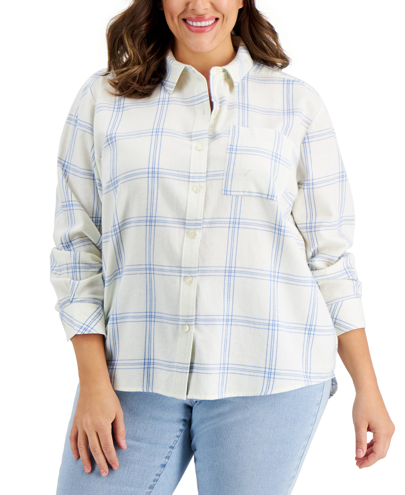 Style & Co Women Plus Plaid Cotton Shirt Natural Ivory