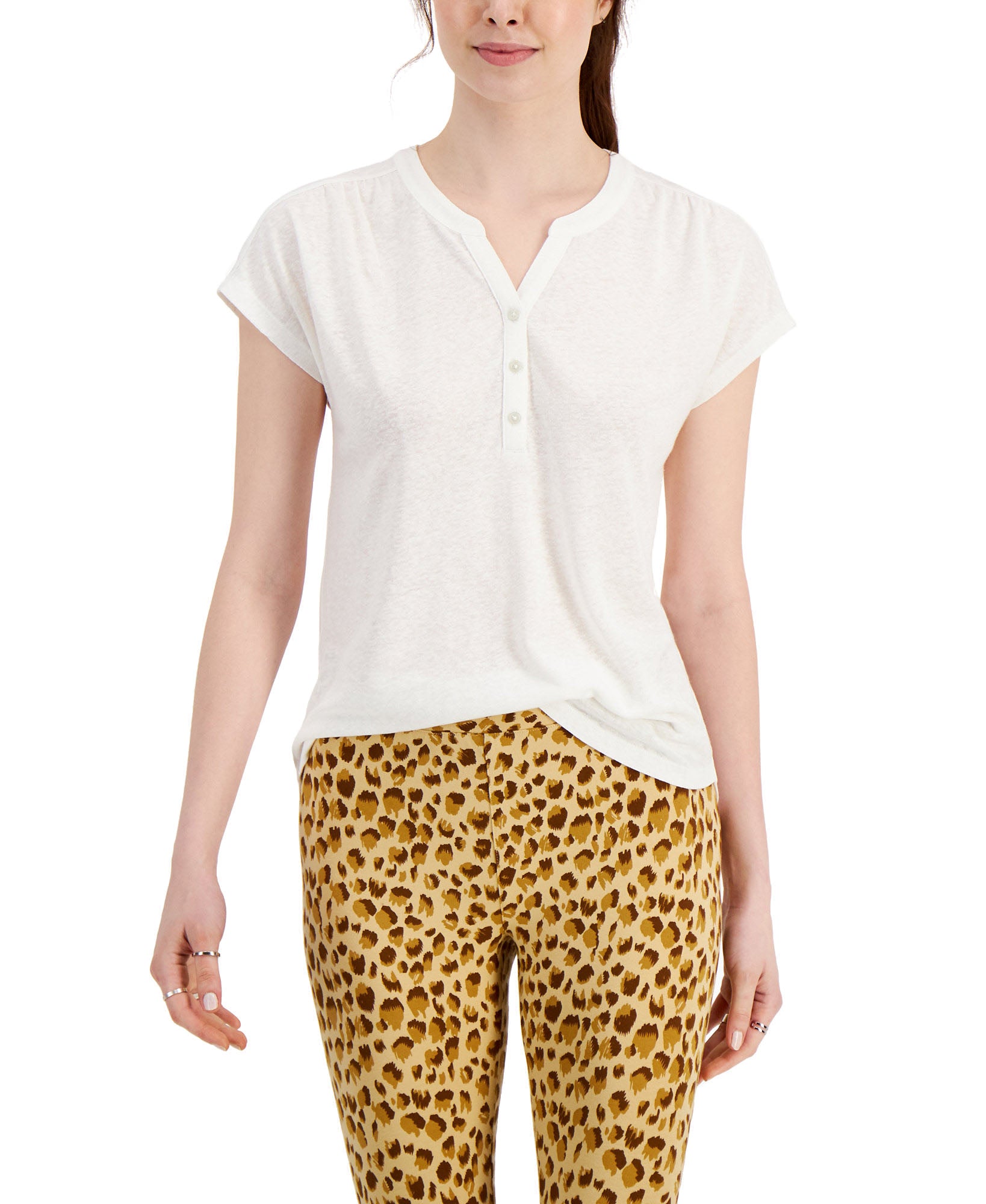 Style & Co Women Dolman Sleeve Henley Linen Blend Top Winter White