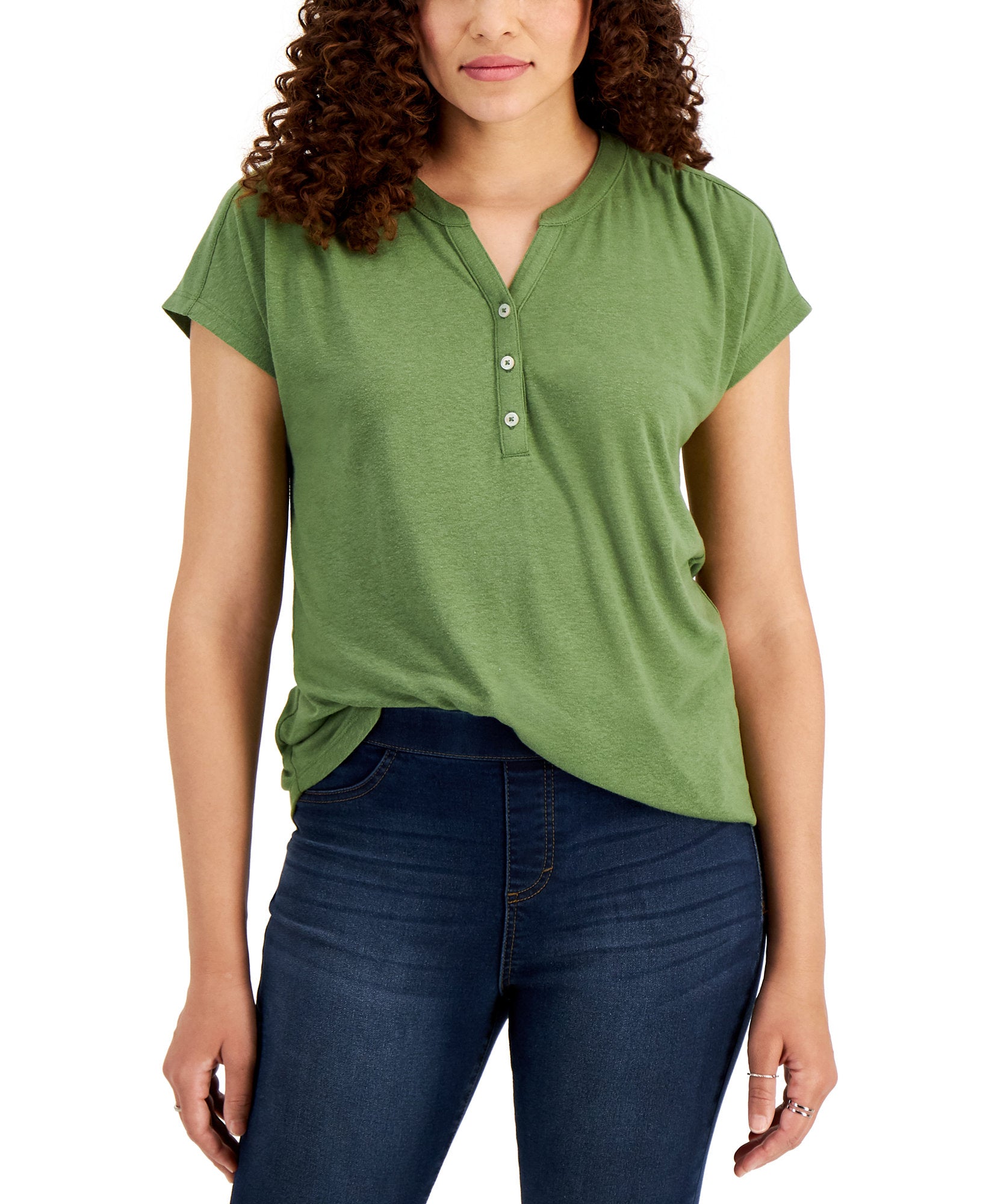 Style & Co Women Dolman Sleeve Henley Linen Blend Top Vine Green