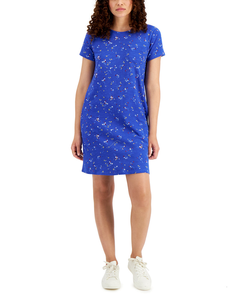 Style & Co Women Petite Cotton Print T Shirt Dress Deep Cobalt