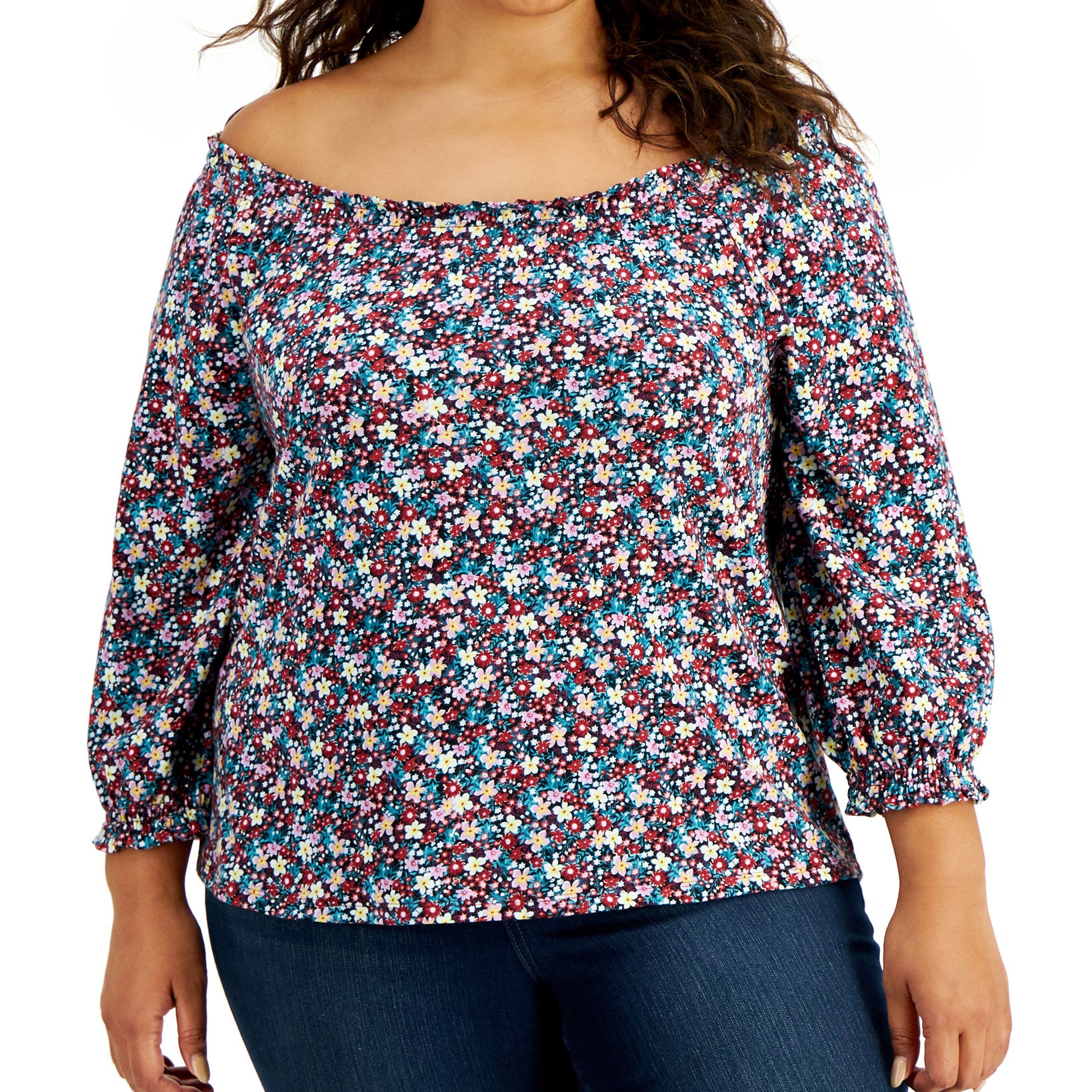 Style & Co Women Plus Cotton Ditsy Print Top Merlot Ditsy