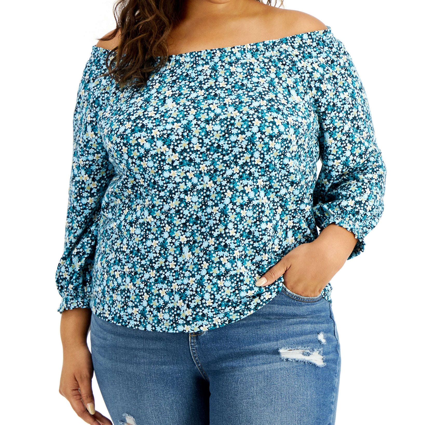 Style & Co Women Plus Cotton Ditsy Print Top Teal Ditsy