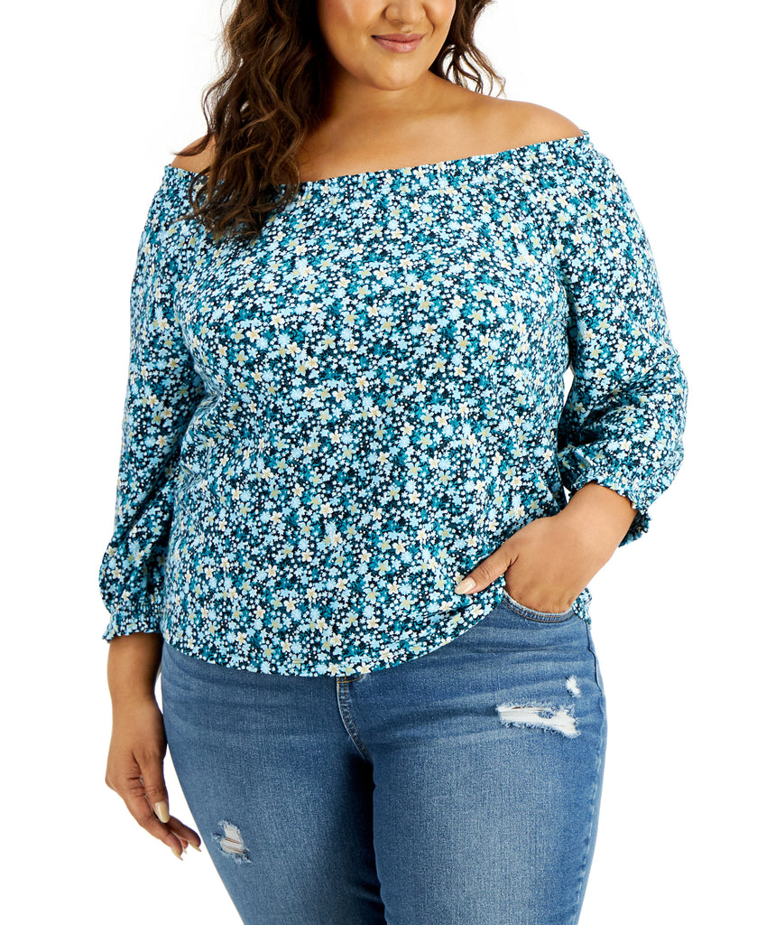 Style & Co Women Plus Cotton Ditsy Print Top Teal Ditsy
