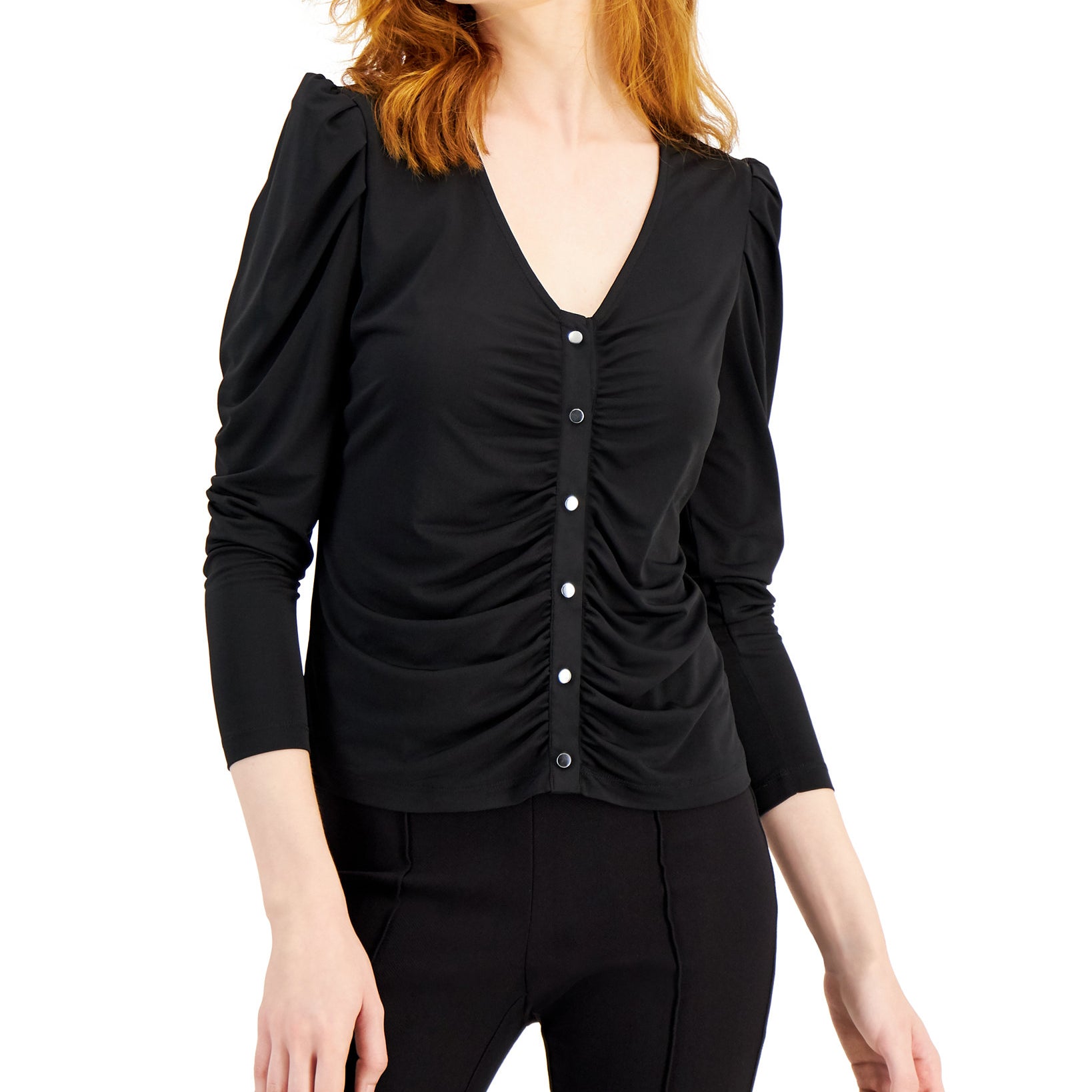 JPR Studio Women Ruched Button Front Top Black