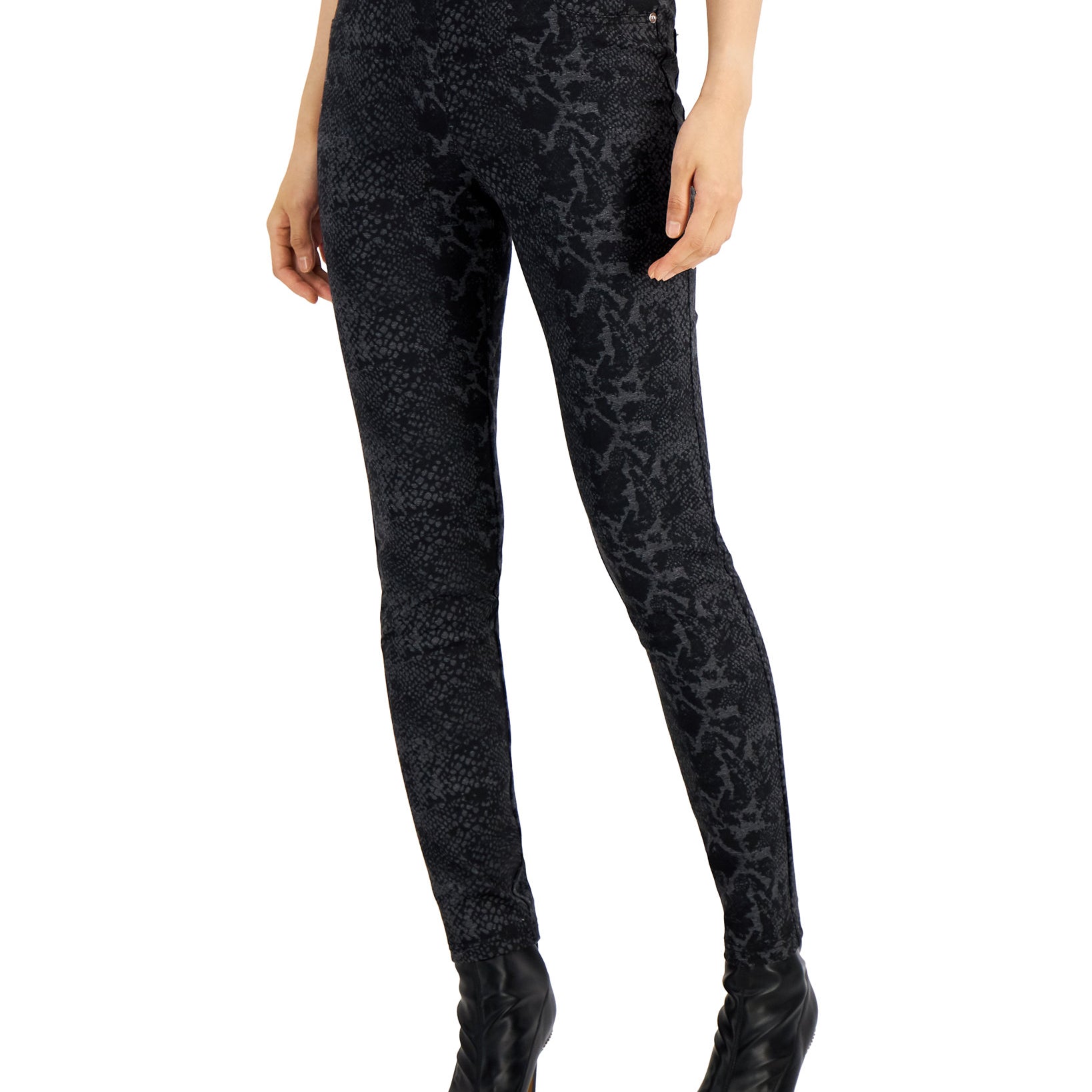 Soho Apparel Ltd Women Printed Pull On Ponté Knit Pants Charcoal Black Snakeskin