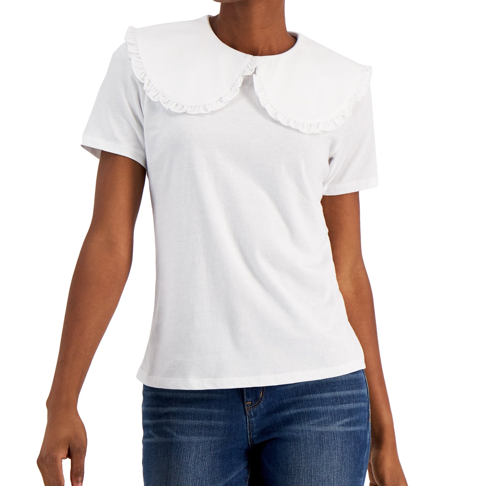 INC International Concepts Women Ruffled Collar T Shirt Bright White