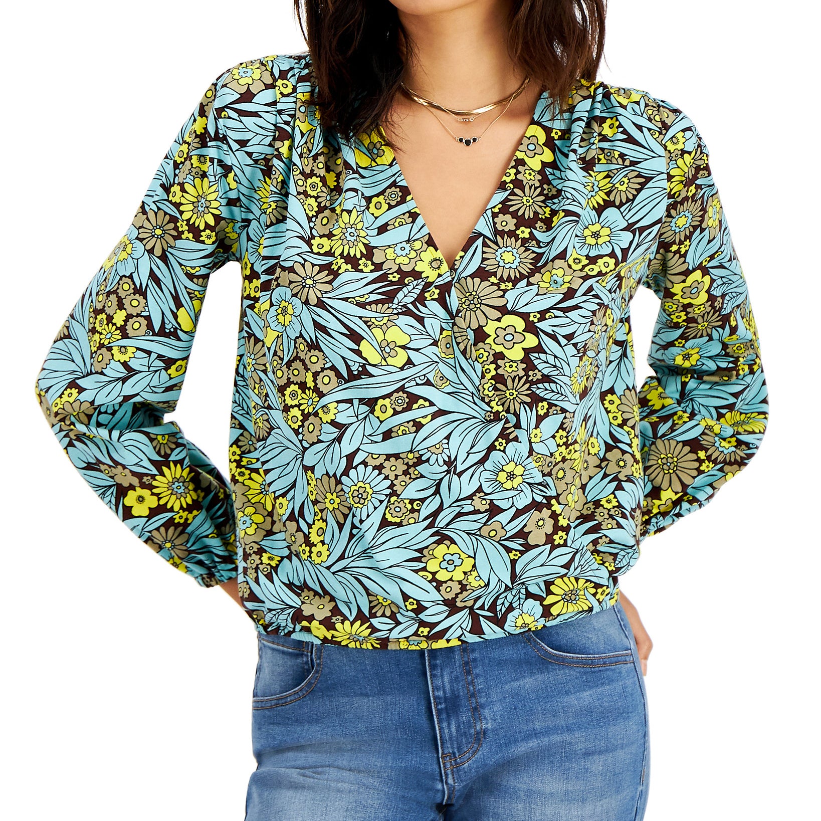INC International Concepts Women Printed Surplice Blouse Ester Floral