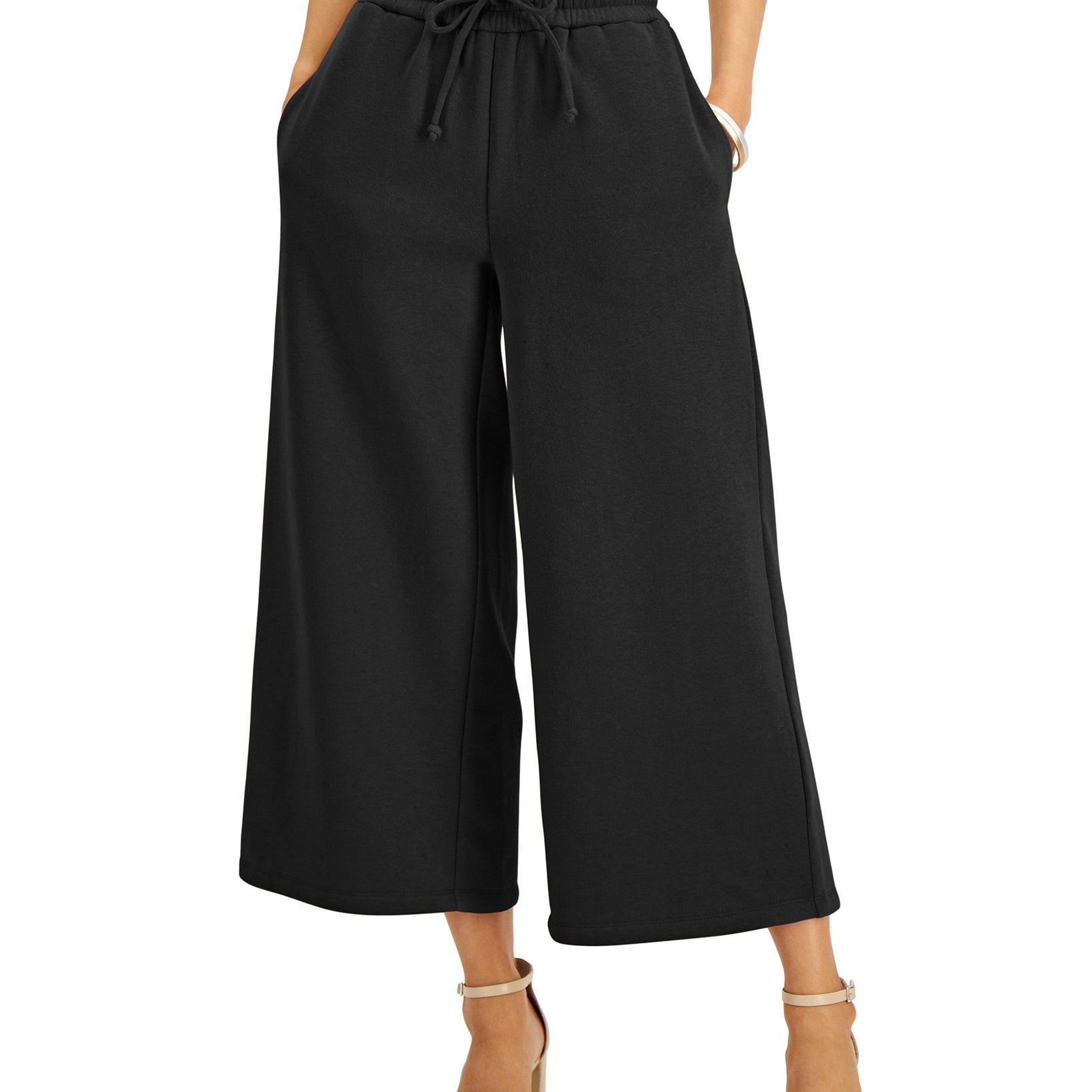 INC International Concepts Women Drawstring Culotte Pants Deep Black
