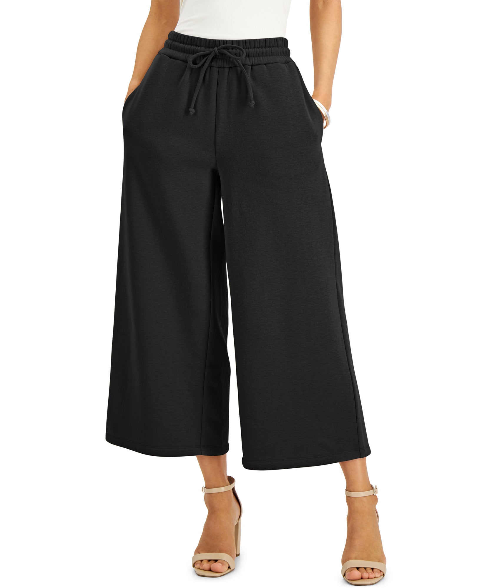 INC International Concepts Women Drawstring Culotte Pants Deep Black