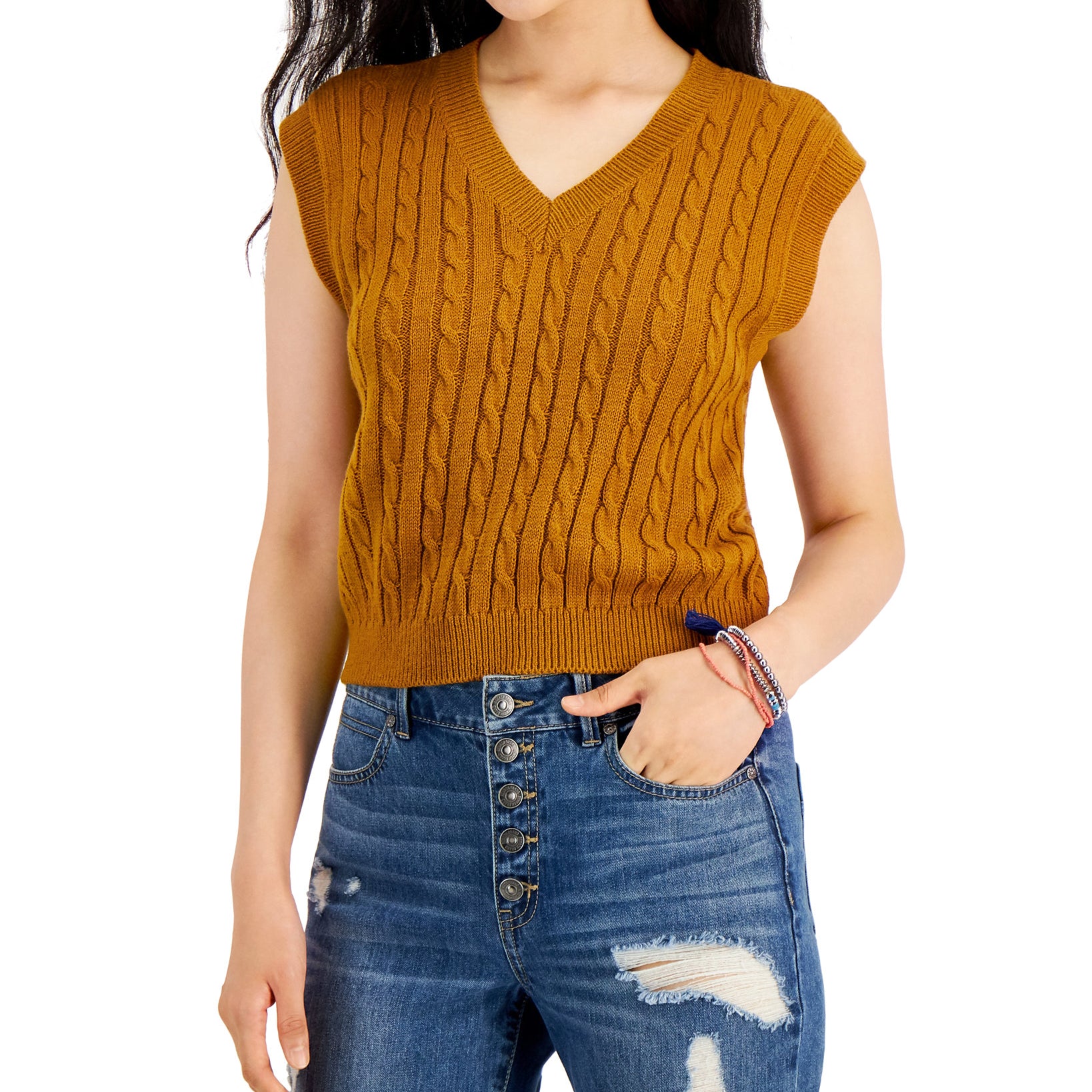 Sugar Moon Juniors Cable Knit Sweater Vest Camel