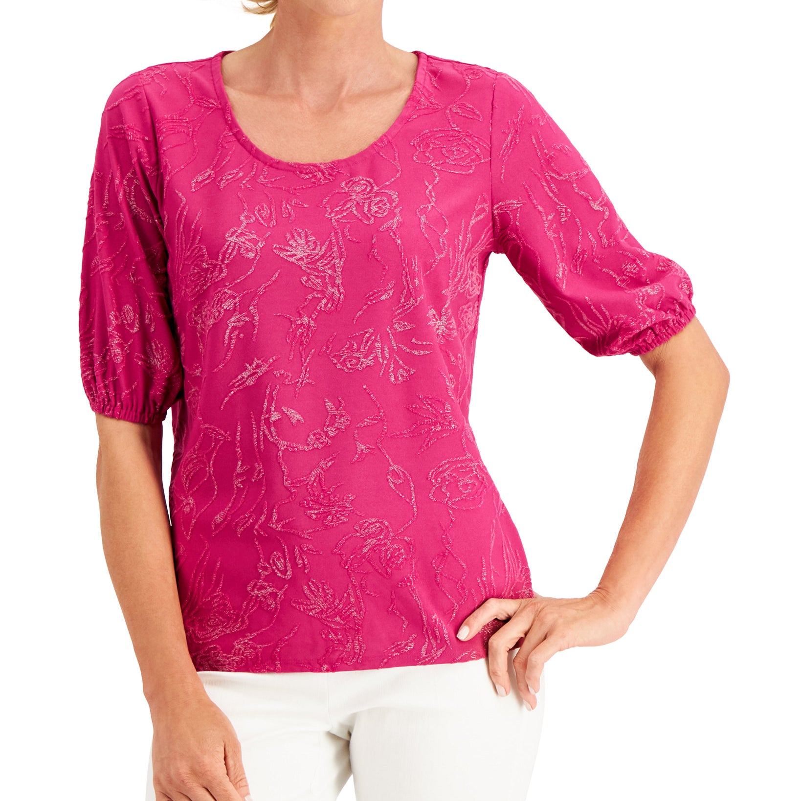 JM Collection Women Petite Shine Jacquard Top Bold Berry