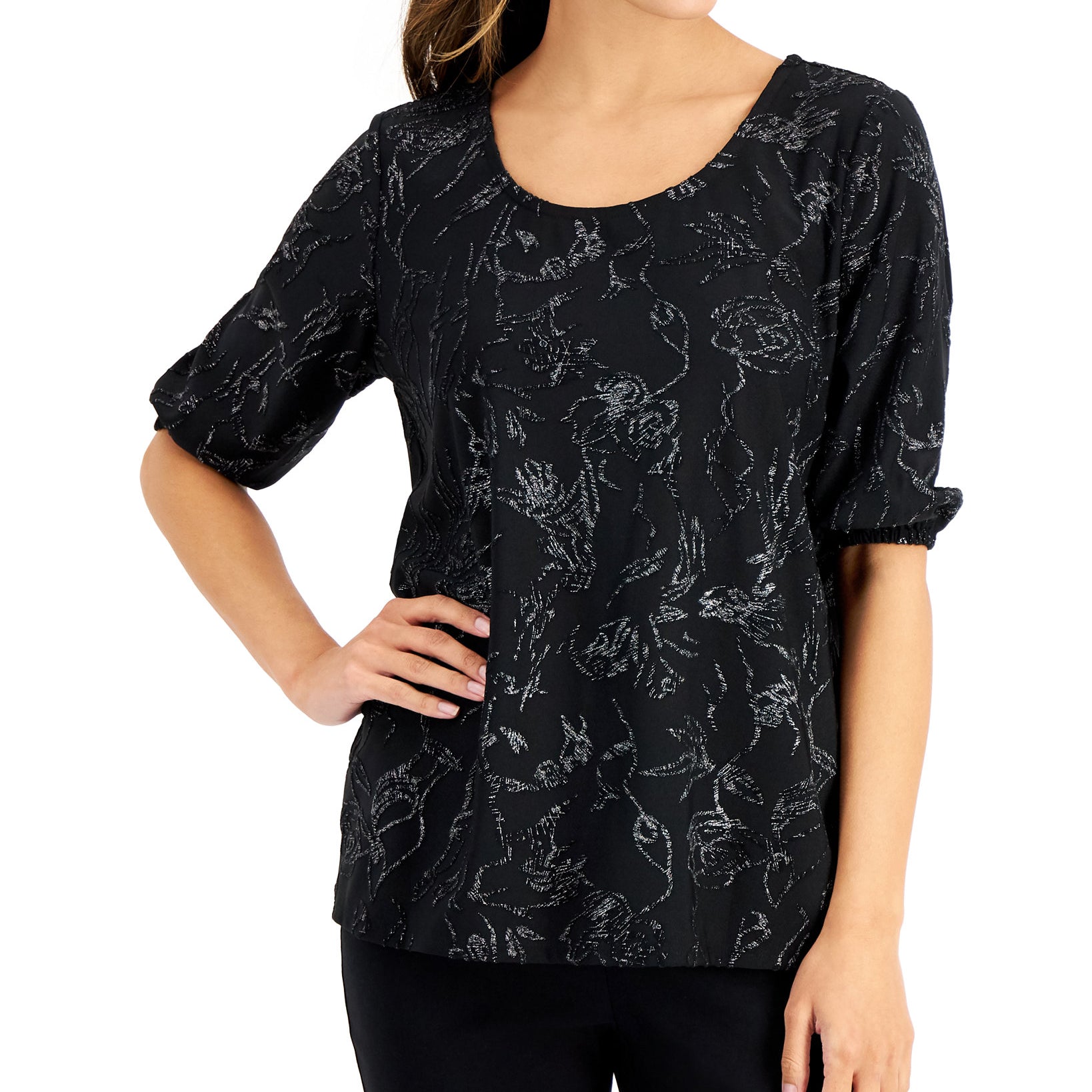 JM Collection Women Petite Shine Jacquard Top Deep Black