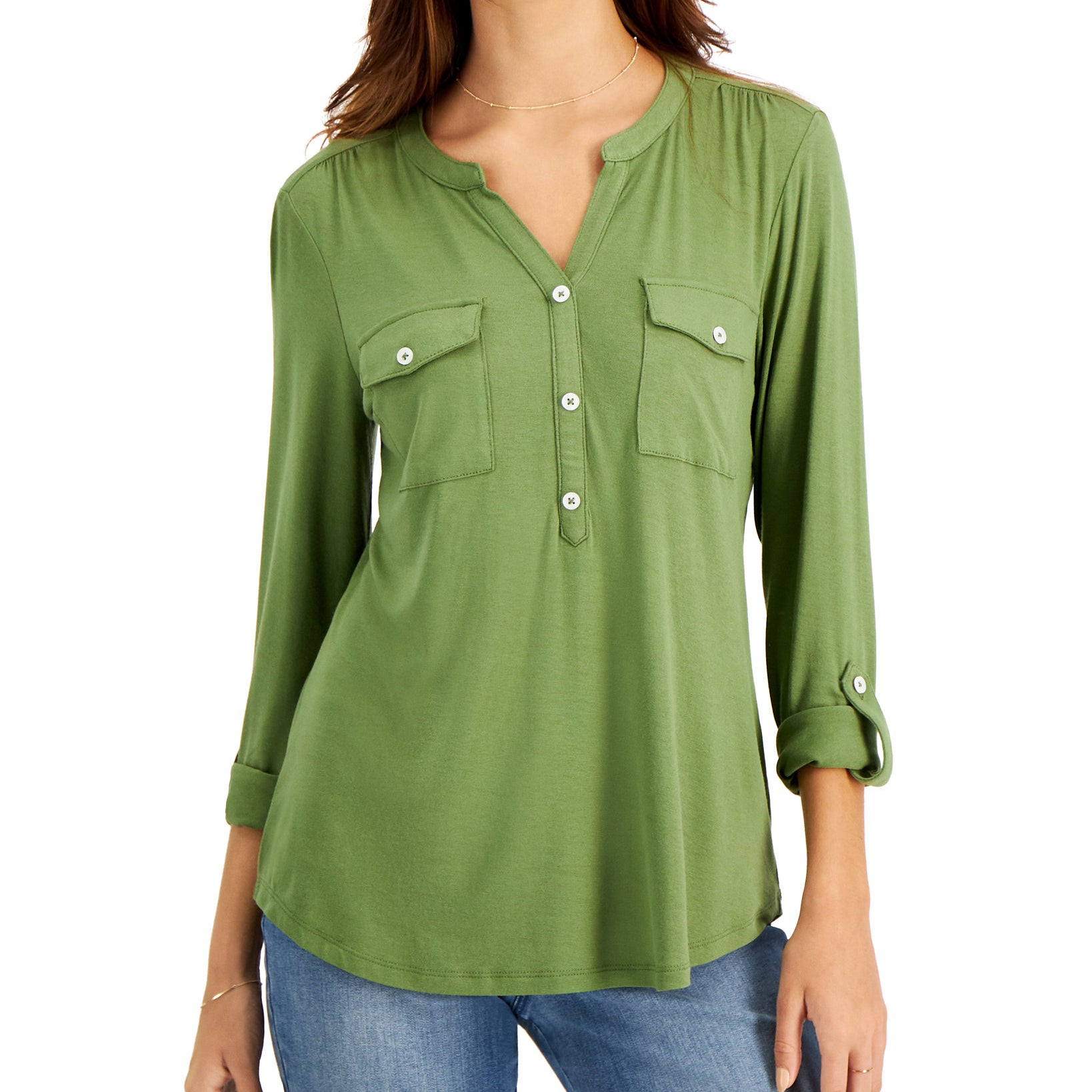 Style & Co Women Split Neck Roll Tab Sleeve Top Dry Grass