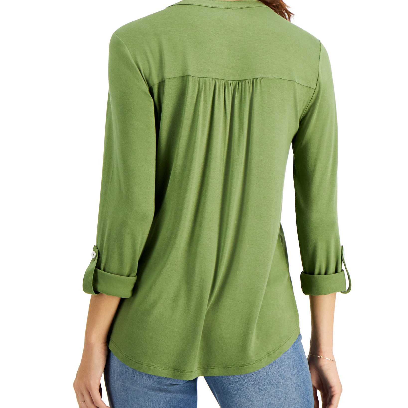 Style & Co Women Split Neck Roll Tab Sleeve Top