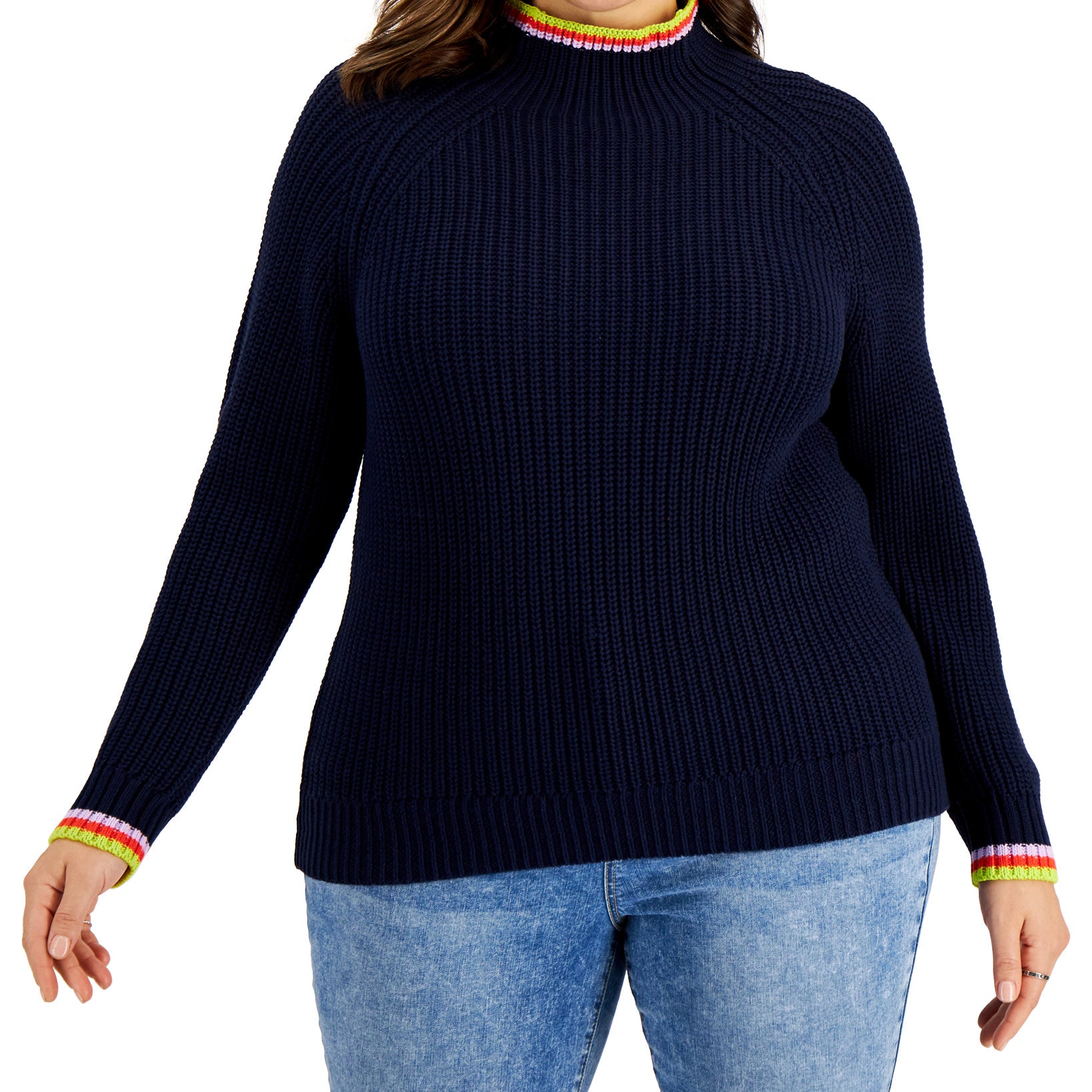 Style & Co Women Plus Cotton Striped Detail Funnel Neck Sweater Industrial Blue