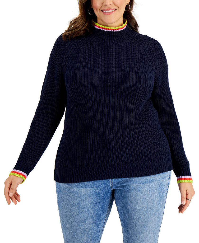 Style & Co Women Plus Cotton Striped Detail Funnel Neck Sweater Industrial Blue