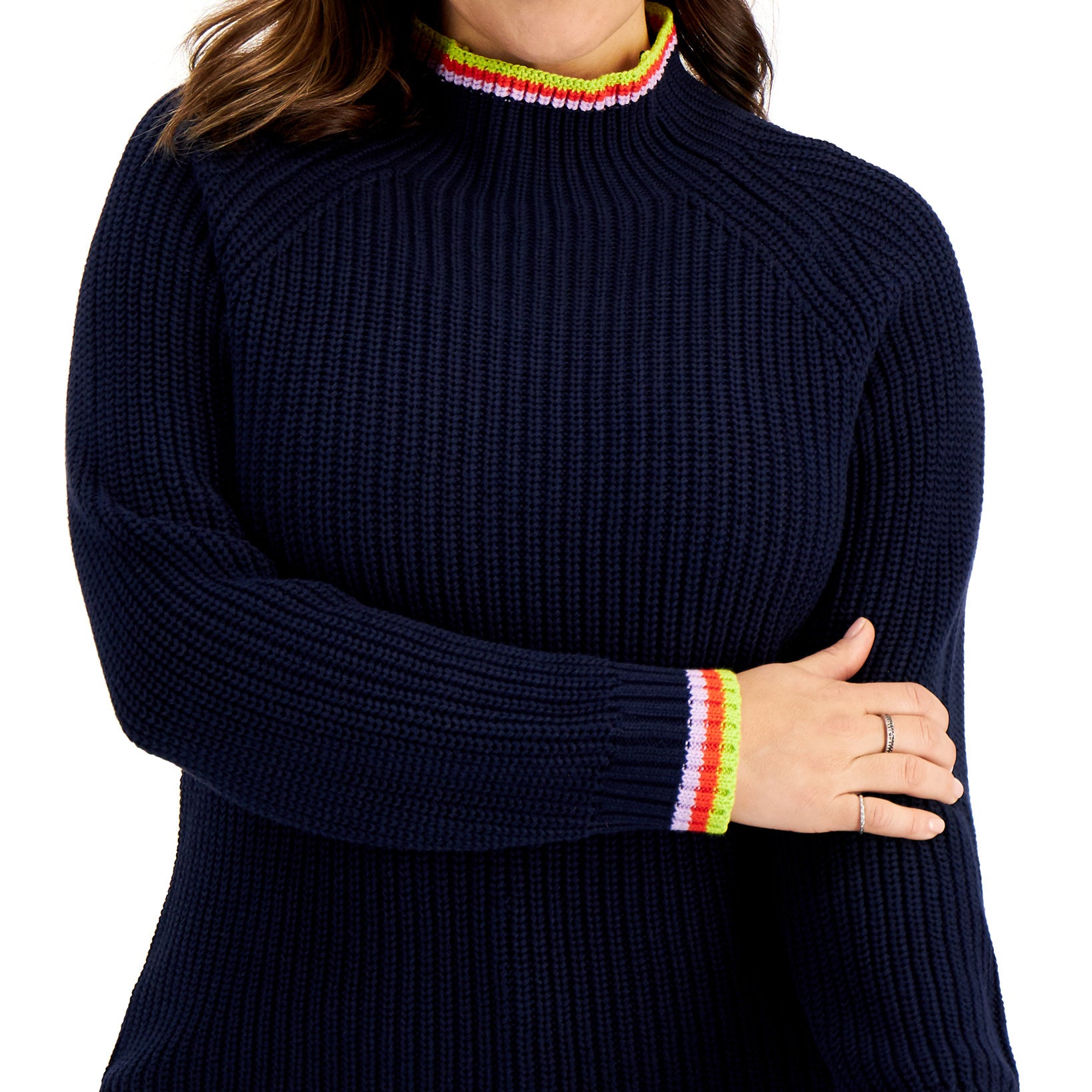 Style & Co Women Plus Cotton Striped Detail Funnel Neck Sweater